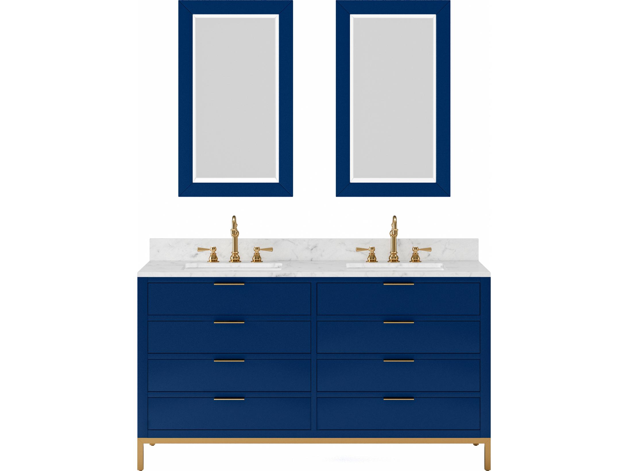 Water Creation Bristol Double Sink Carrara White Marble Countertop Bath Vanity in Monarch Blue with Satin Gold Hook Faucets and Rectangular Mirrors (S)