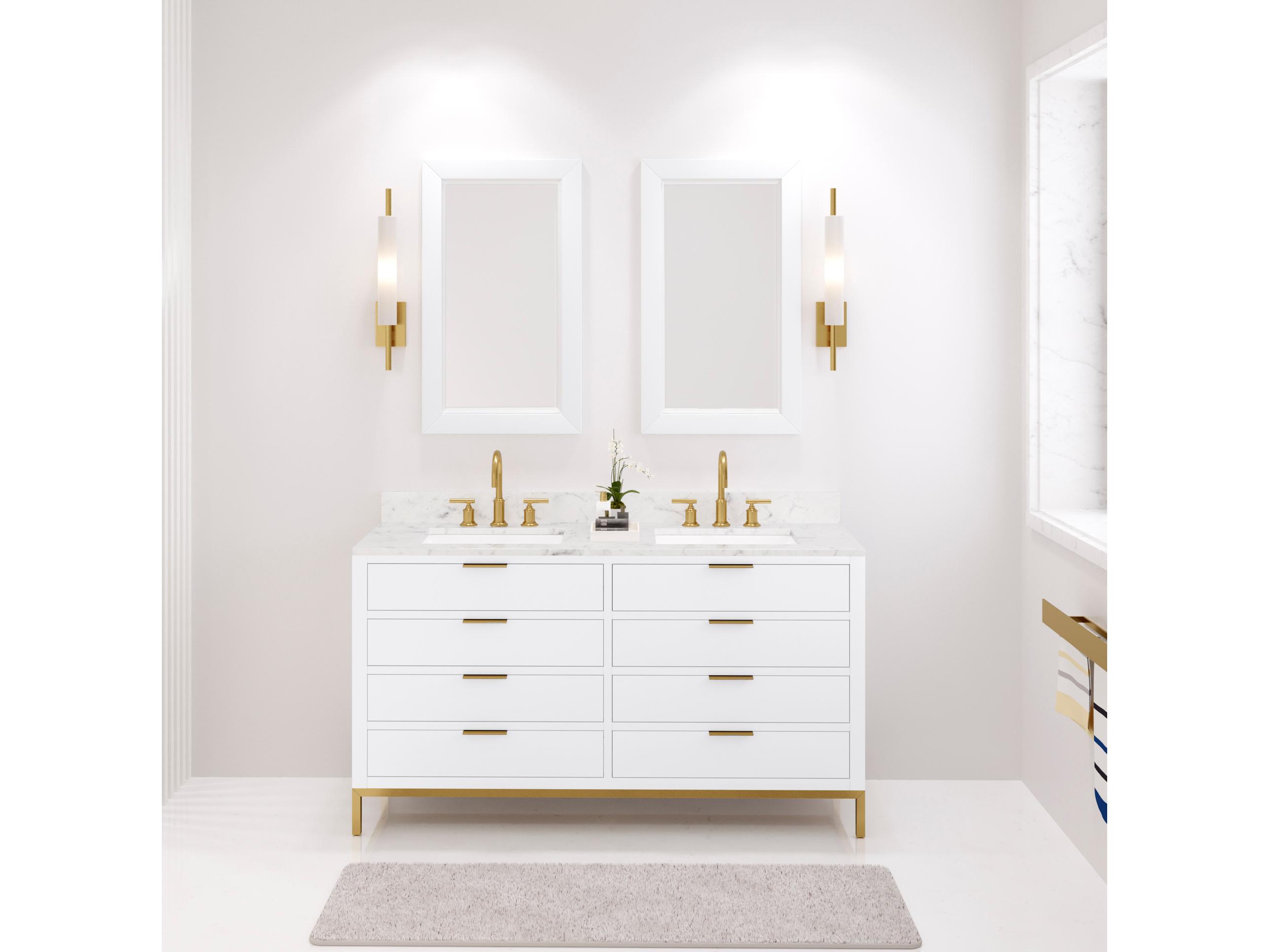 Water Creation Bristol Double Sink Carrara White Marble Countertop Bath Vanity in Pure White with Satin Gold Gooseneck Faucets