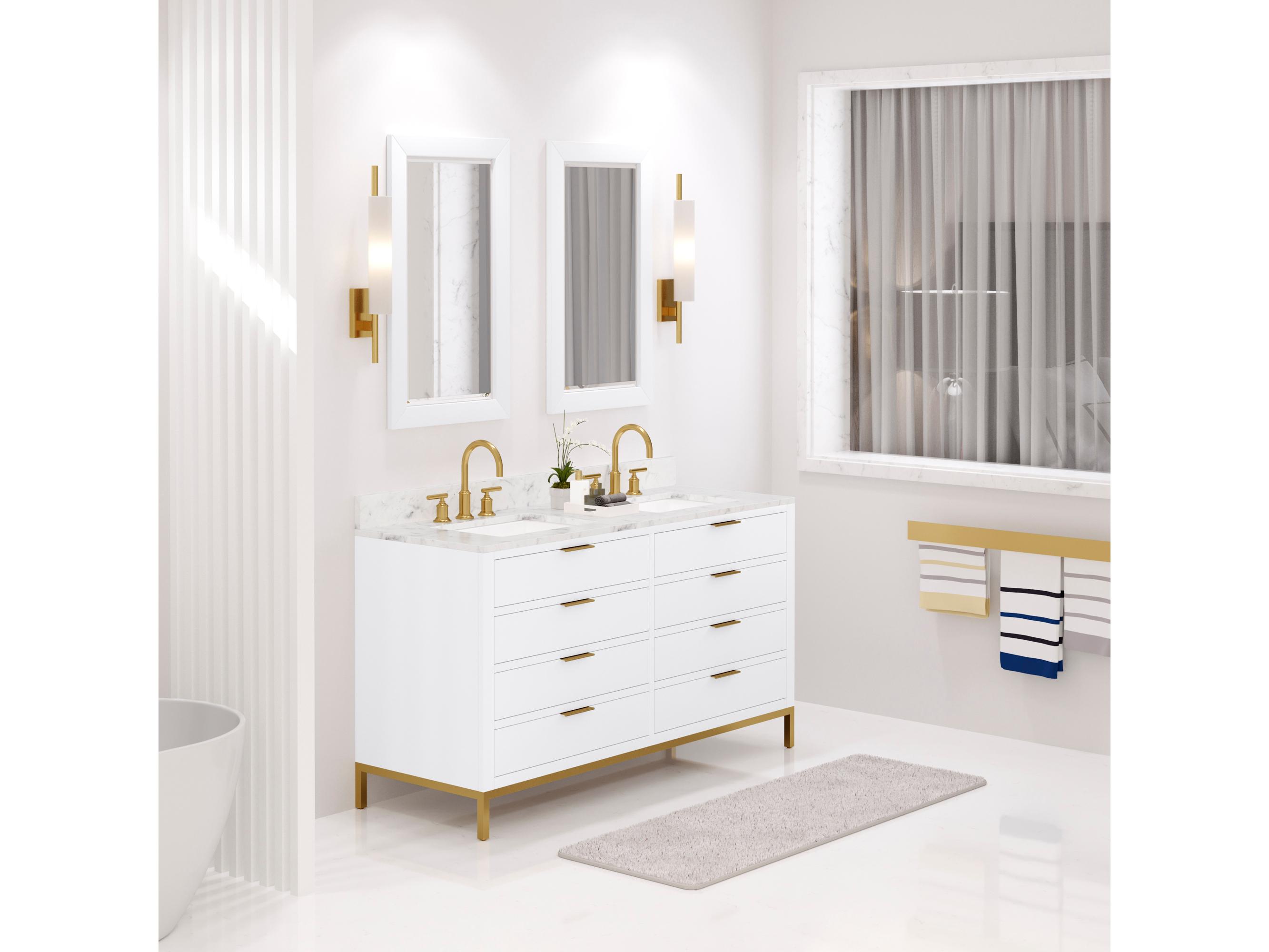 Water Creation Bristol Double Sink Carrara White Marble Countertop Bath Vanity in Pure White with Satin Gold Gooseneck Faucets