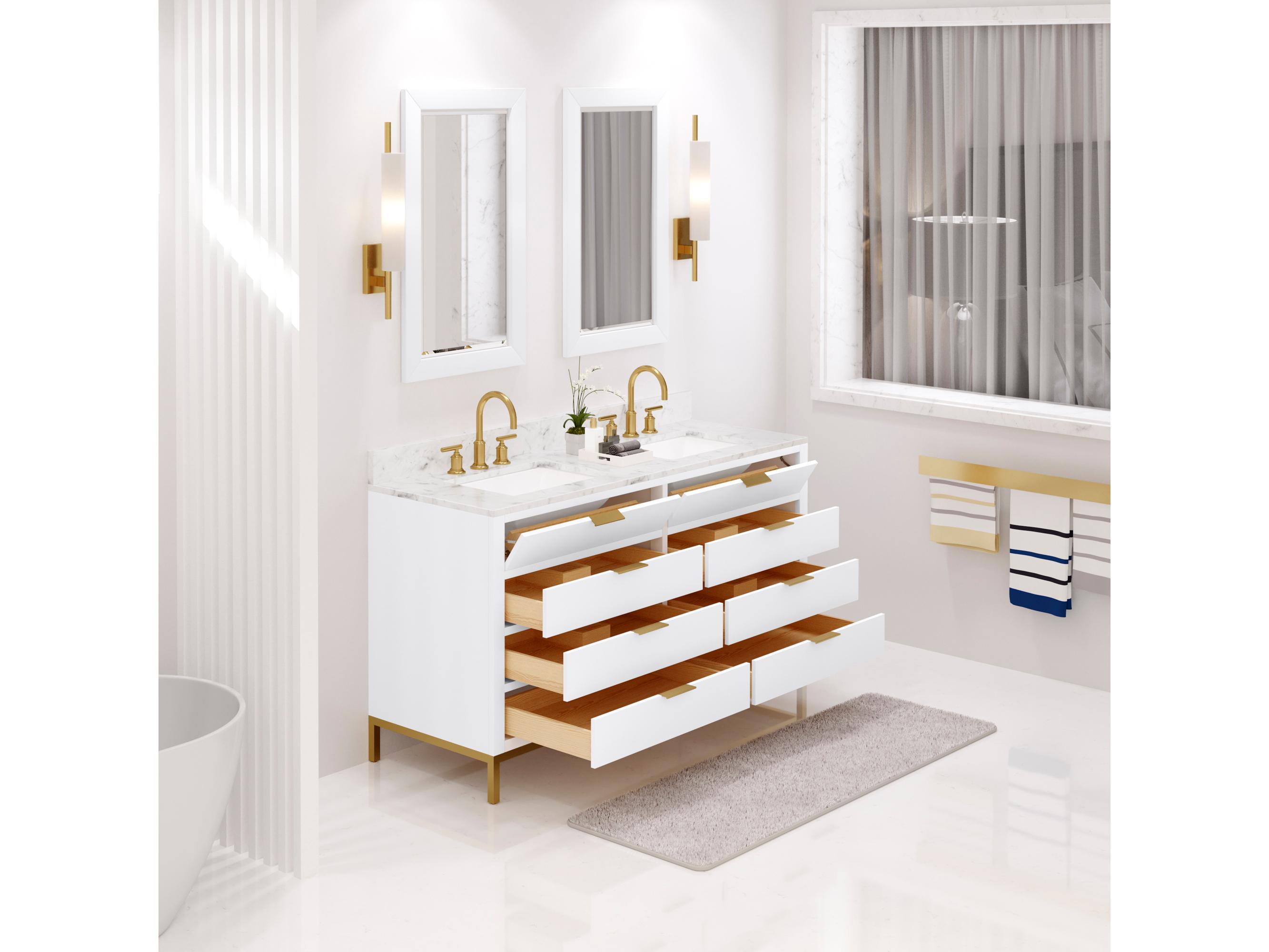 Water Creation Bristol Double Sink Carrara White Marble Countertop Bath Vanity in Pure White with Satin Gold Gooseneck Faucets