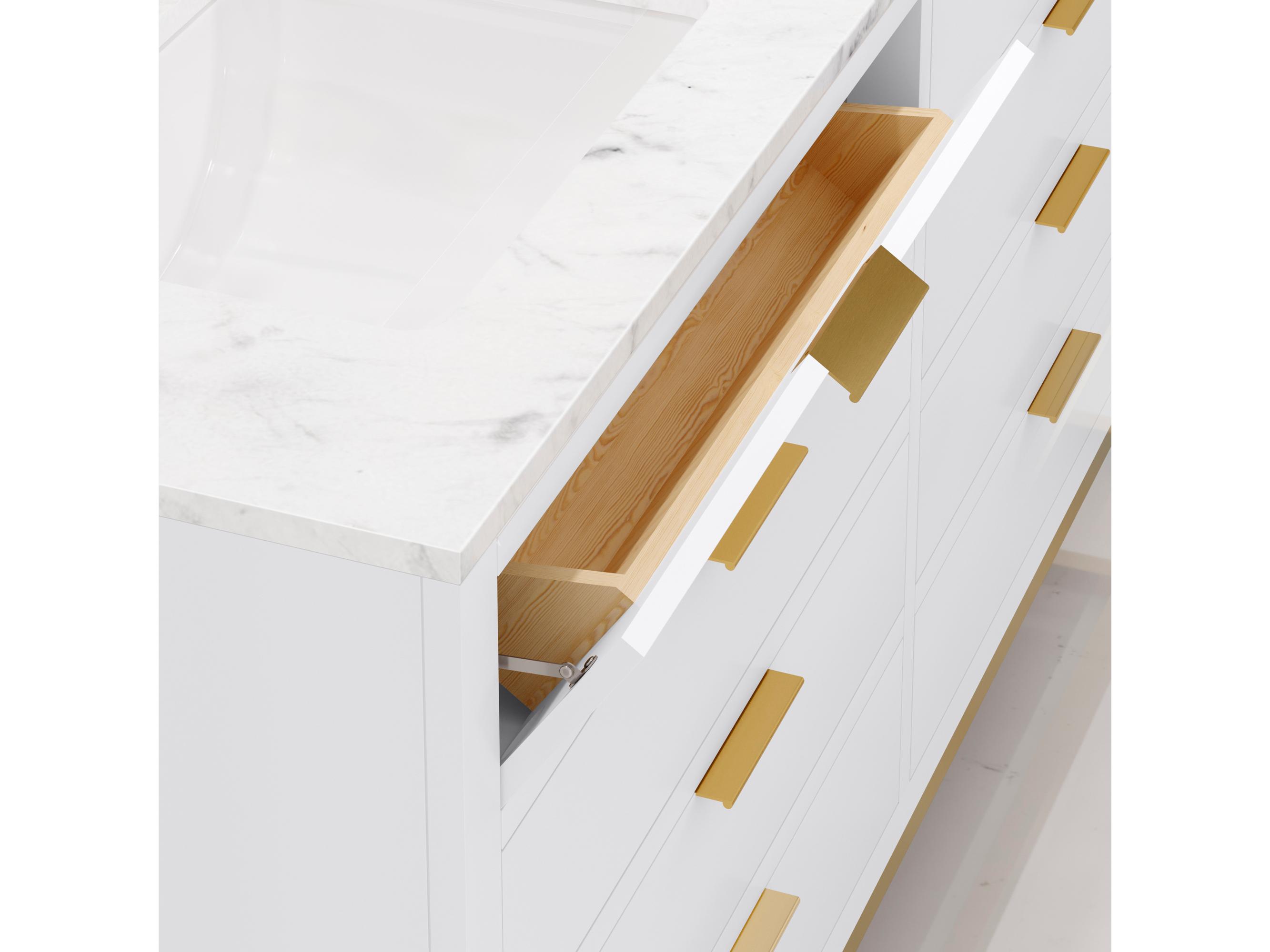 Water Creation Bristol Double Sink Carrara White Marble Countertop Bath Vanity in Pure White with Satin Gold Gooseneck Faucets