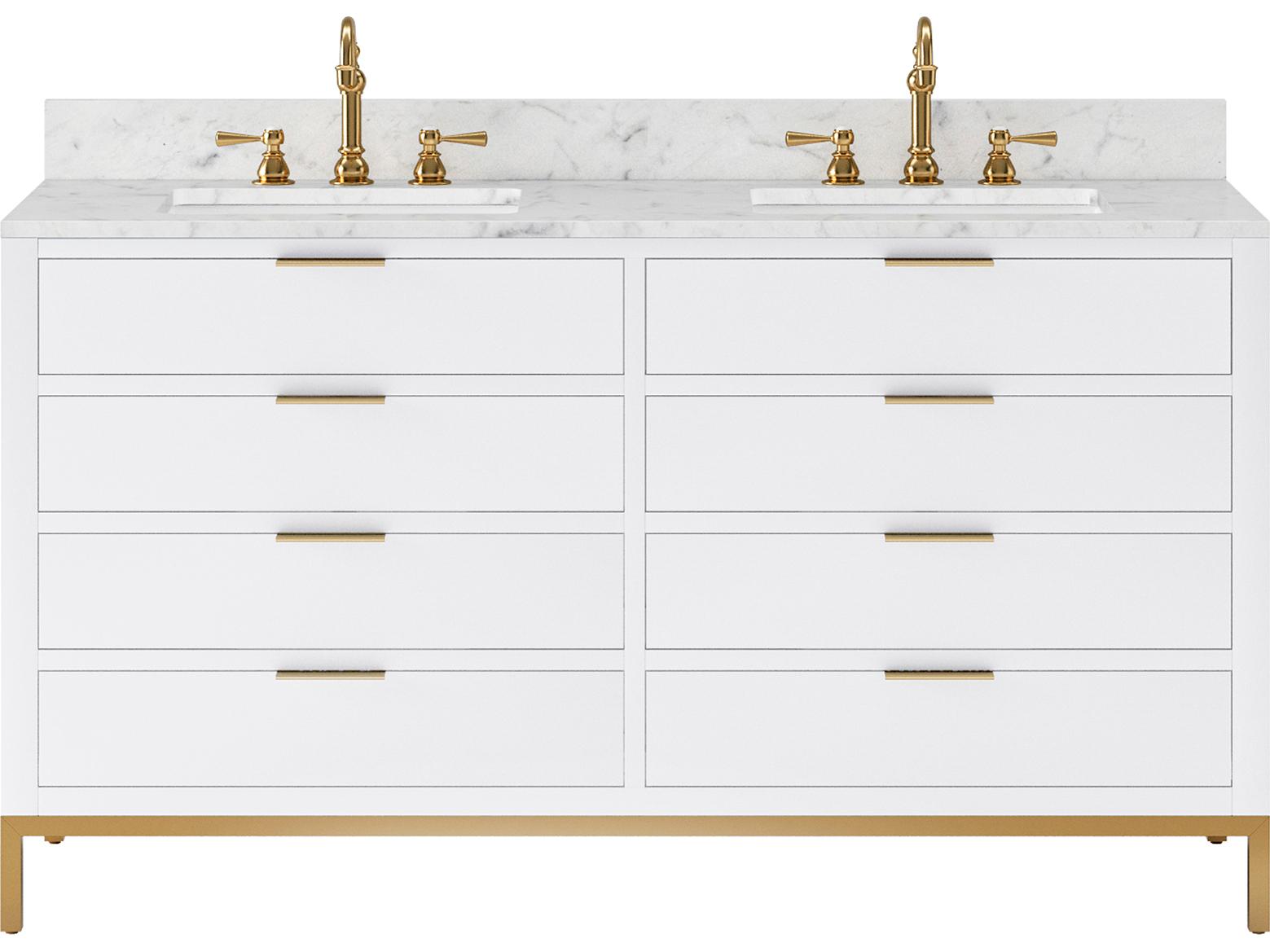 Water Creation Bristol Double Sink Carrara White Marble Countertop Bath Vanity in Pure White with Satin Gold Hook Faucets