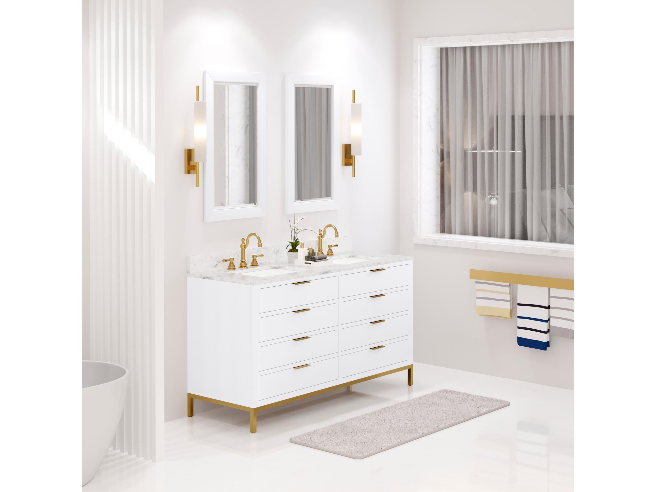 Water Creation Bristol Double Sink Carrara White Marble Countertop Bath Vanity in Pure White with Rectangular Mirrors (S)