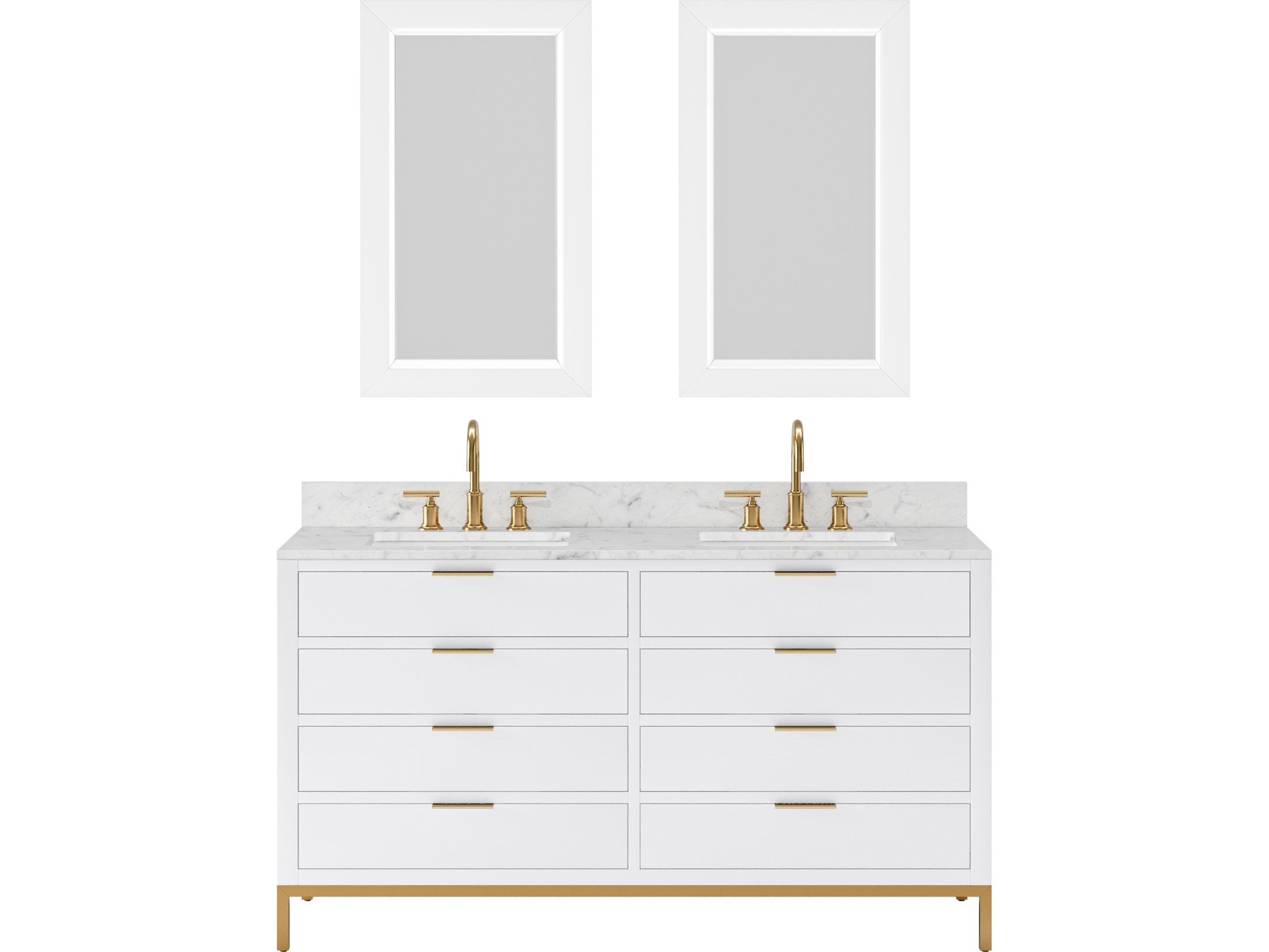 Water Creation Bristol Double Sink Carrara White Marble Countertop Bath Vanity in Pure White with Satin Gold Gooseneck Faucets and Rectangular Mirrors (S)