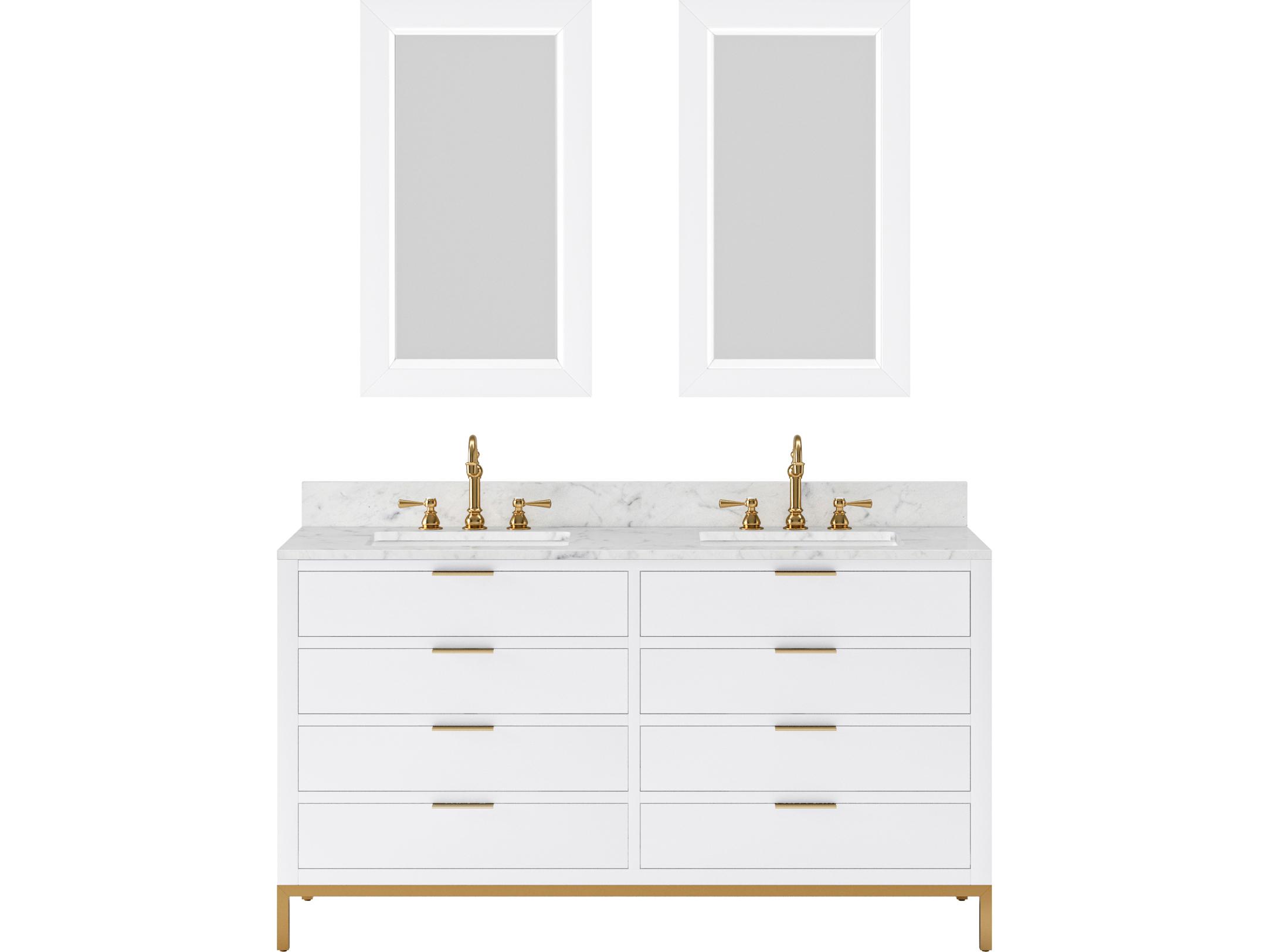 Water Creation Bristol Double Sink Carrara White Marble Countertop Bath Vanity in Pure White with Satin Gold Hook Faucets and Rectangular Mirrors (S)
