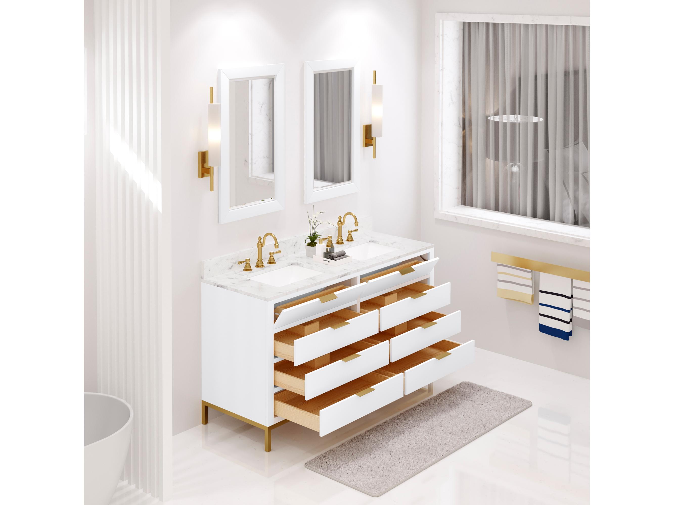 Water Creation Bristol Double Sink Carrara White Marble Countertop Bath Vanity in Pure White with Satin Gold Hook Faucets and Rectangular Mirrors (S)