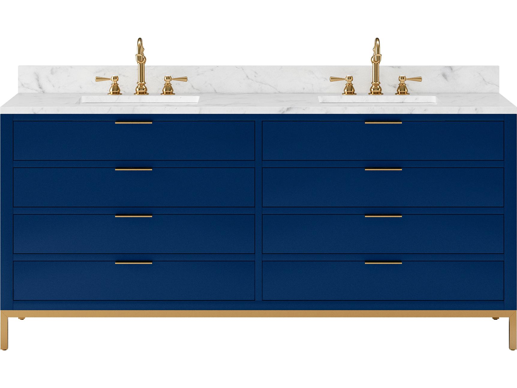 Double Sink Carrara White Marble Countertop Bath Vanity in Monarch BlueSatin Gold Vanity