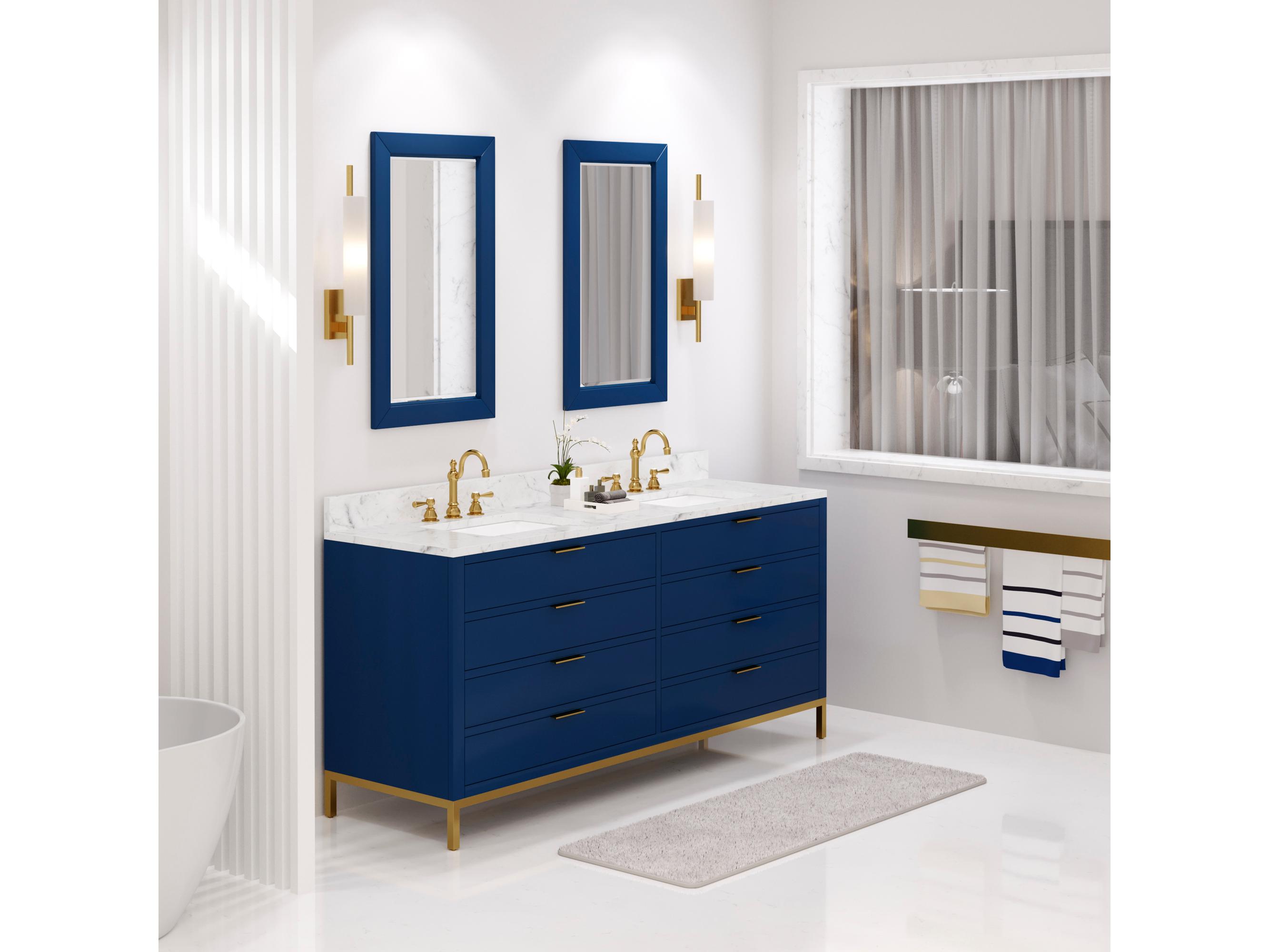 Double Sink Carrara White Marble Countertop Bath Vanity in Monarch BlueSatin Gold Vanity