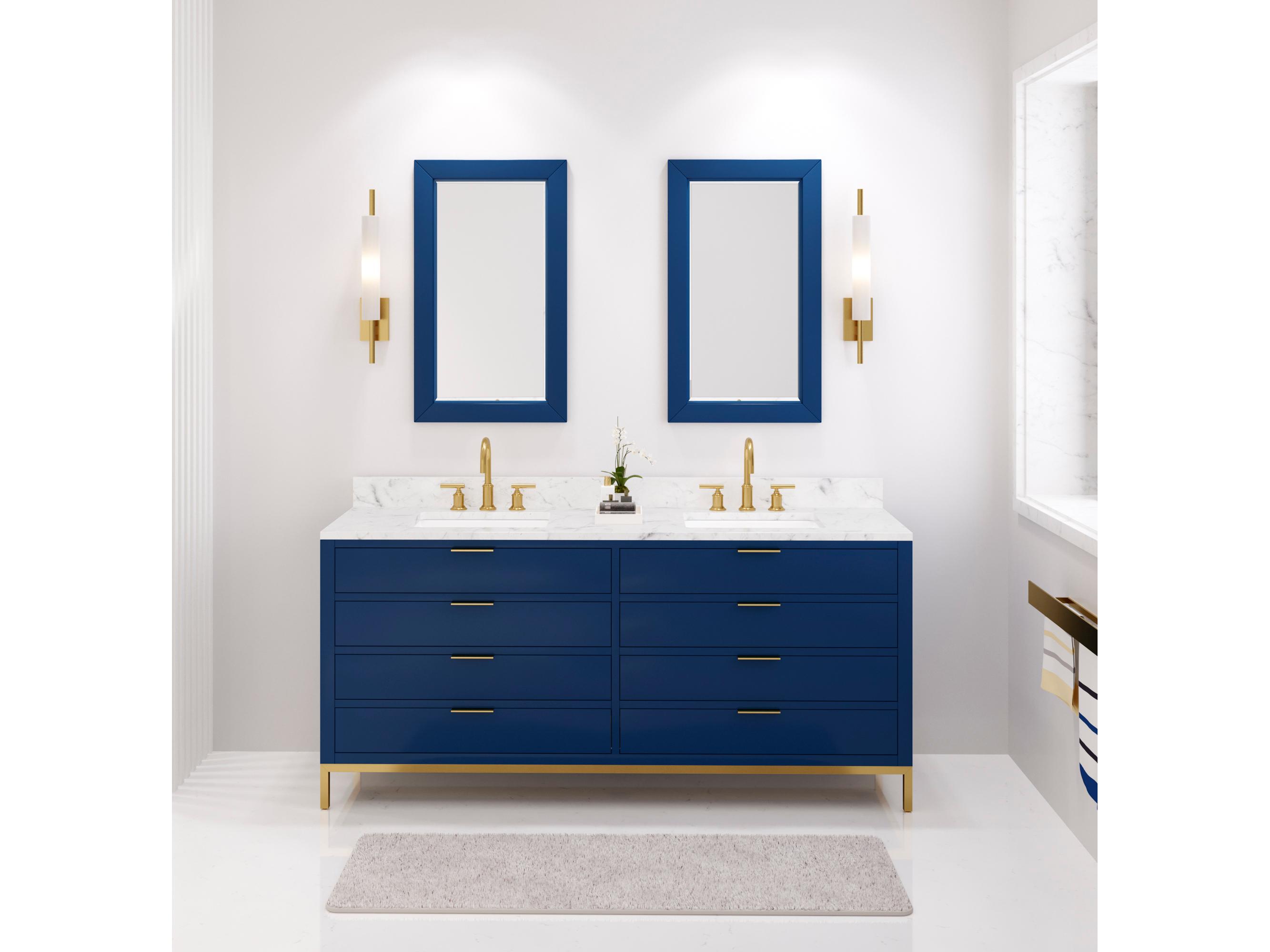 Water Creation Bristol Double Sink Carrara White Marble Countertop Bath Vanity in Monarch Blue with Satin Gold Gooseneck Faucets