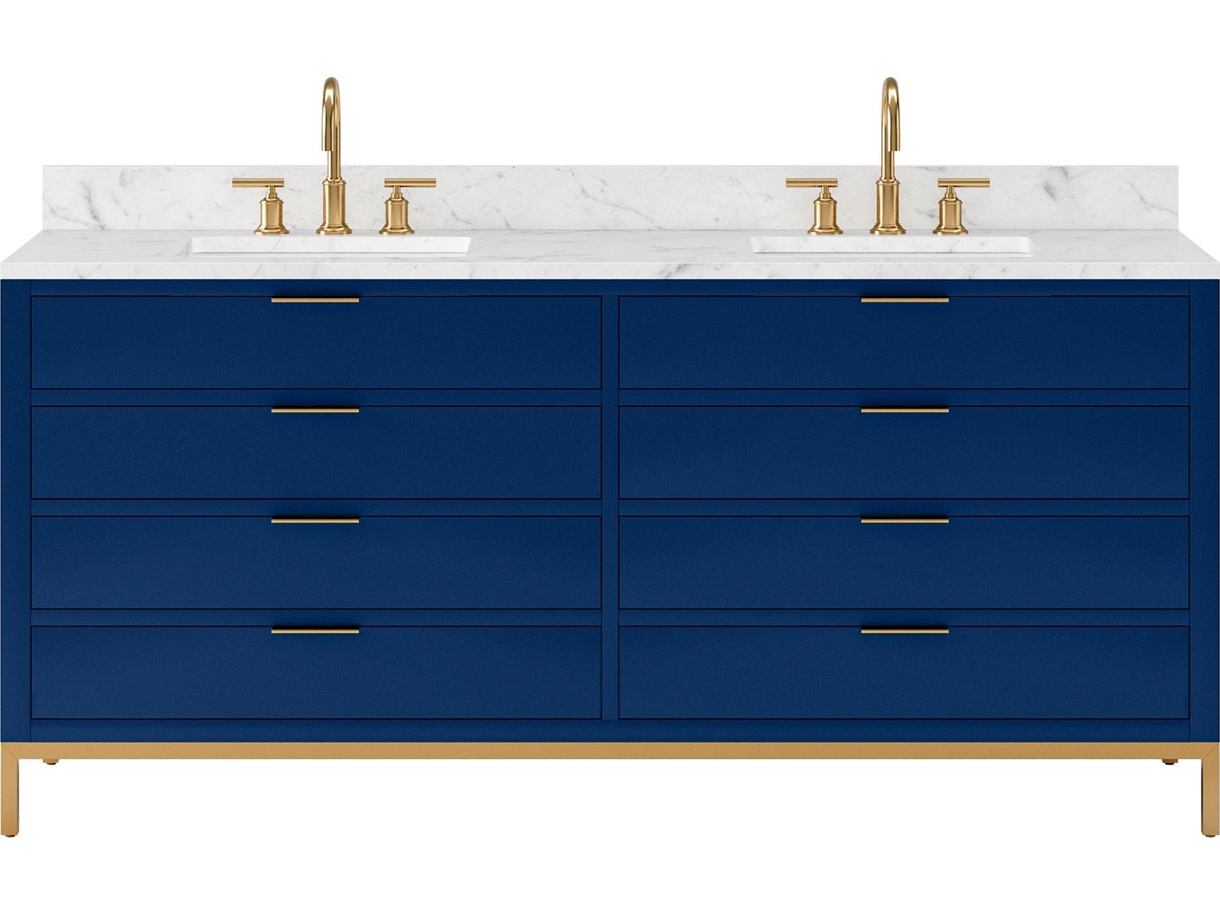 Water Creation Bristol Double Sink Carrara White Marble Countertop Bath Vanity in Monarch Blue with Satin Gold Gooseneck Faucets