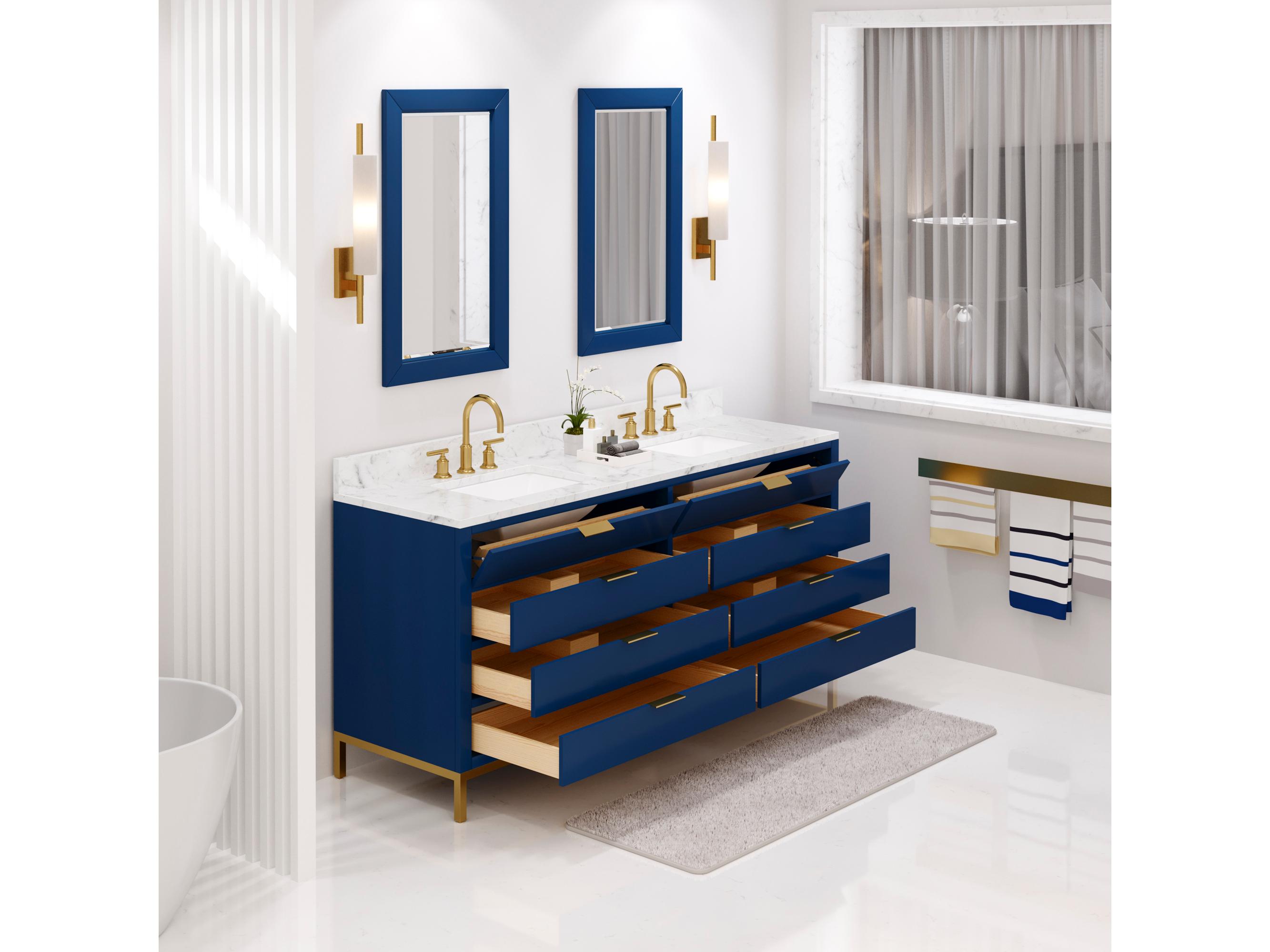 Water Creation Bristol Double Sink Carrara White Marble Countertop Bath Vanity in Monarch Blue with Satin Gold Gooseneck Faucets