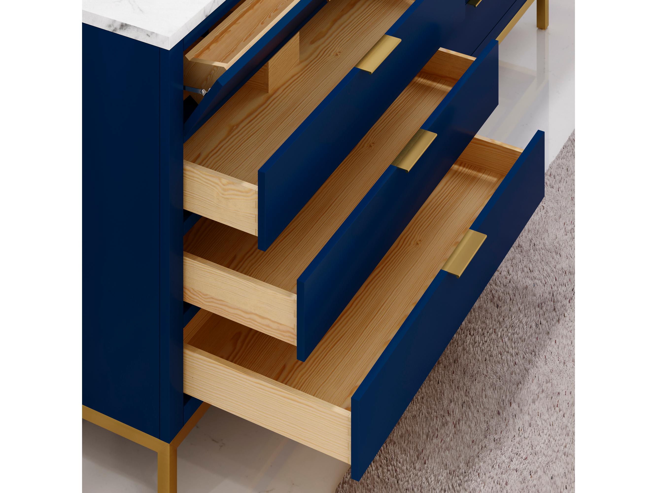 Water Creation Bristol Double Sink Carrara White Marble Countertop Bath Vanity in Monarch Blue with Satin Gold Hook Faucets