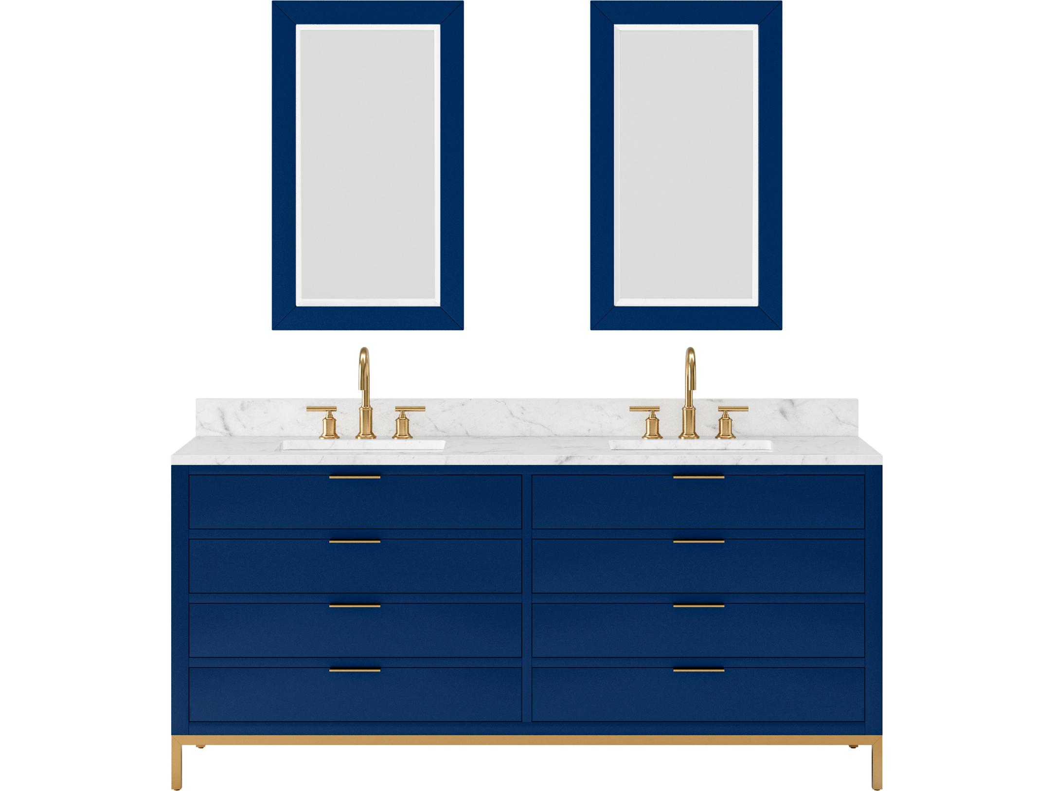 Double Sink Carrara White Marble Countertop Bath Vanity in Monarch Blue with Satin Gold Gooseneck Faucets and Rectangular Mirrors (S)Satin Gold Vanity