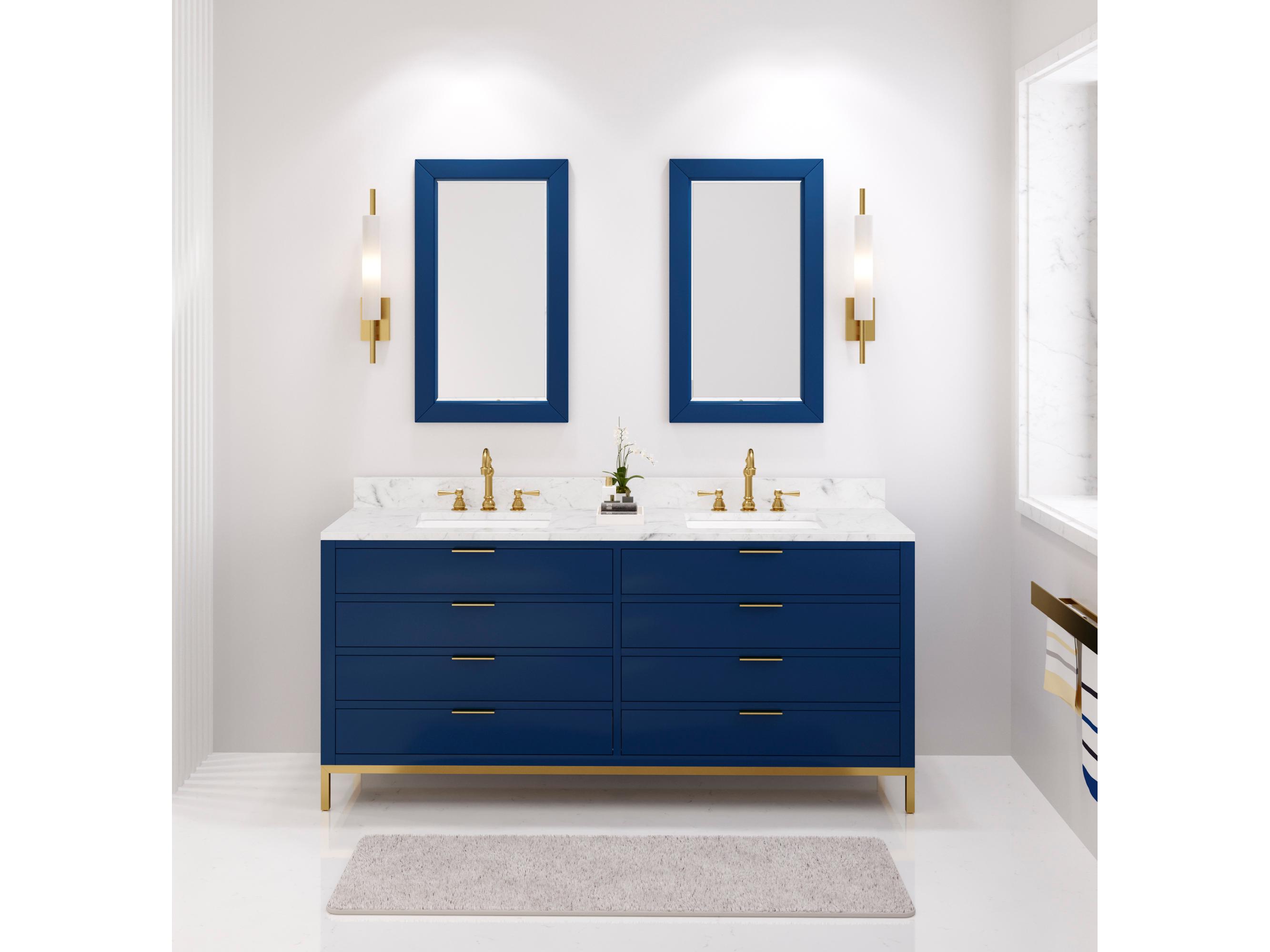 Water Creation Bristol Double Sink Carrara White Marble Countertop Bath Vanity in Monarch Blue with Satin Gold Hook Faucets and Rectangular Mirrors (S)