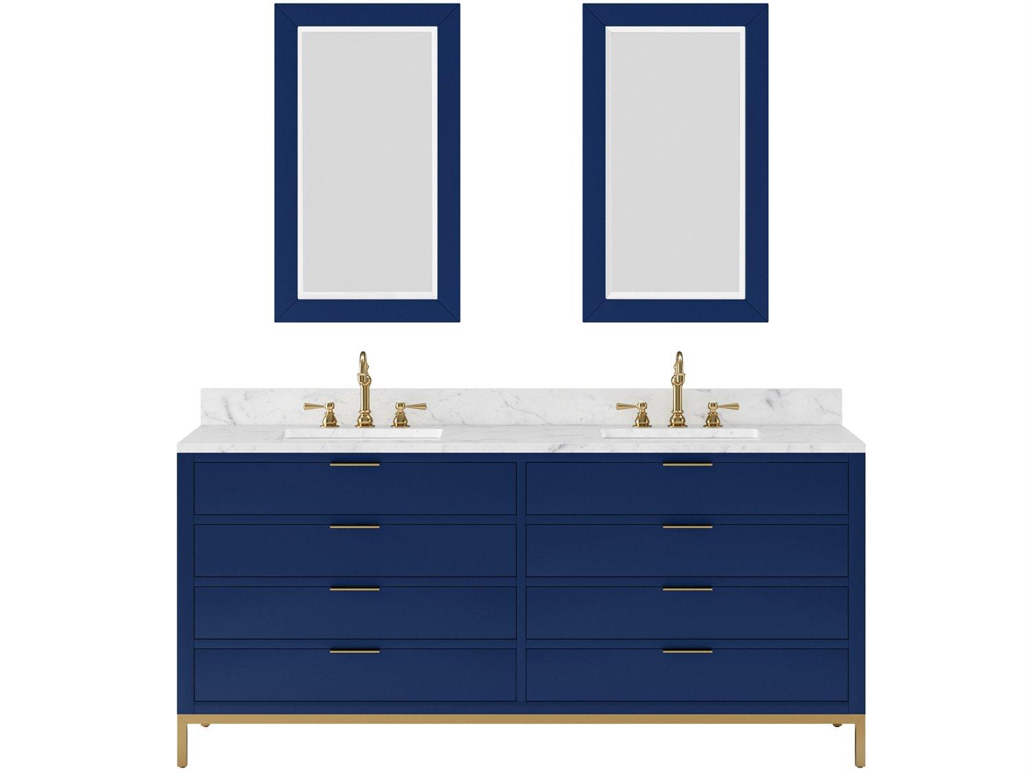 Water Creation Bristol Double Sink Carrara White Marble Countertop Bath Vanity in Monarch Blue with Satin Gold Hook Faucets and Rectangular Mirrors (S)