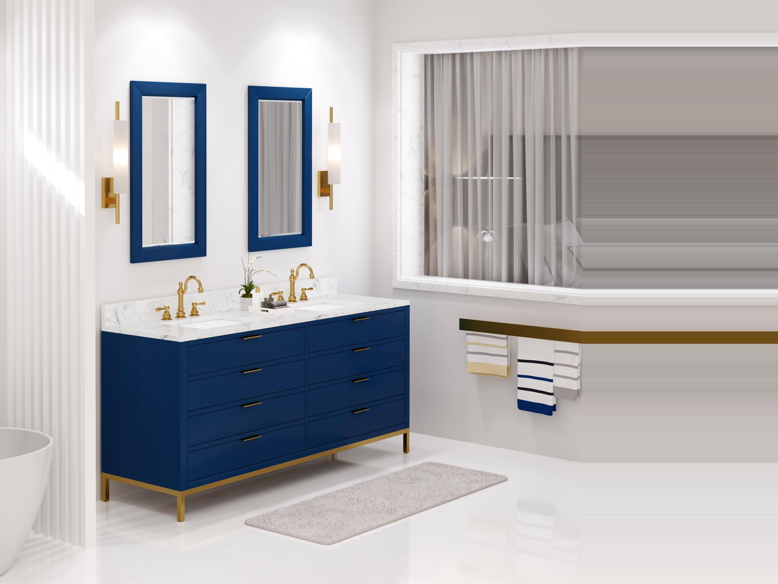 Water Creation Bristol Double Sink Carrara White Marble Countertop Bath Vanity in Monarch Blue with Satin Gold Hook Faucets and Rectangular Mirrors (S)
