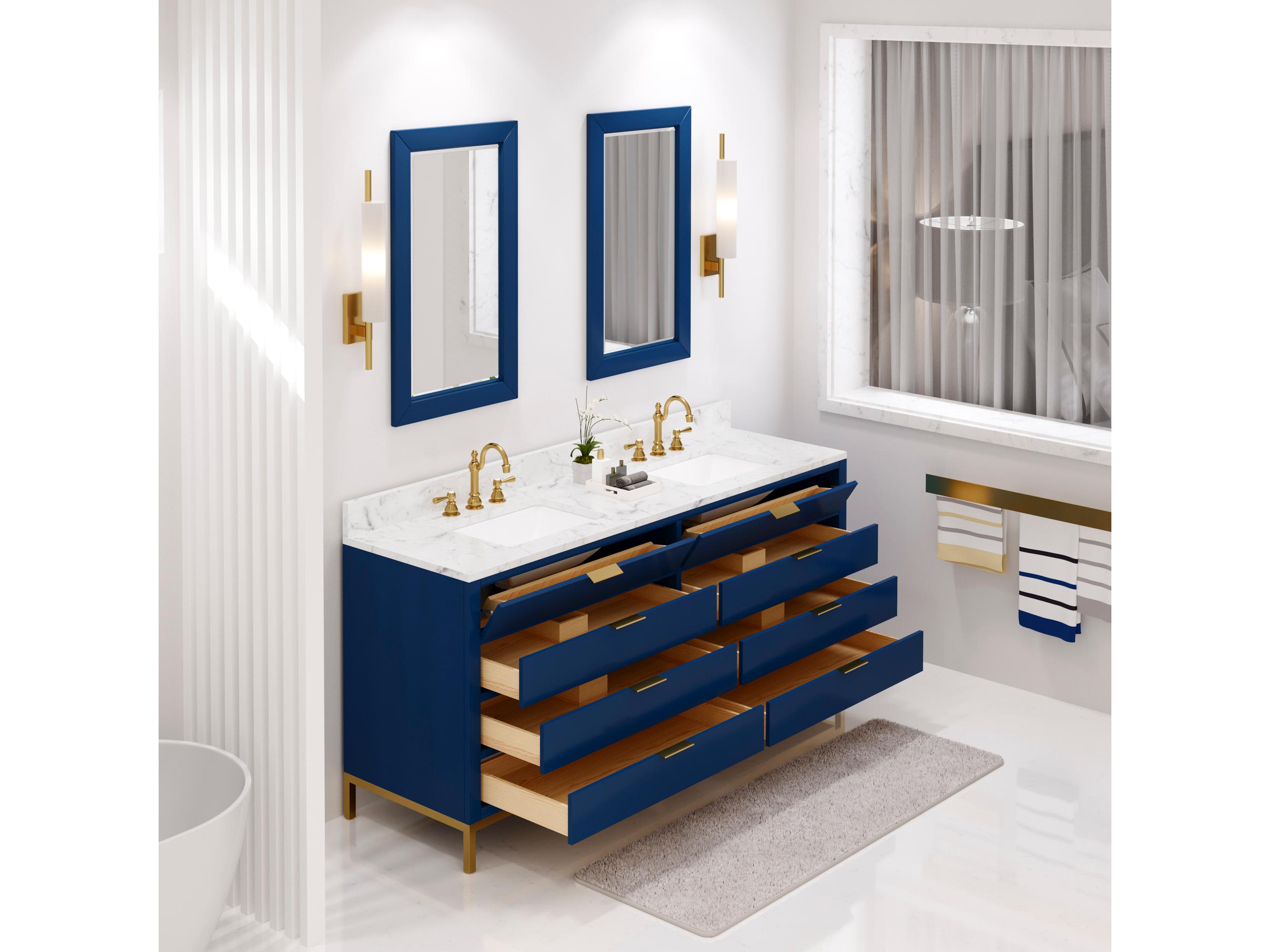 Water Creation Bristol Double Sink Carrara White Marble Countertop Bath Vanity in Monarch Blue with Satin Gold Hook Faucets and Rectangular Mirrors (S)