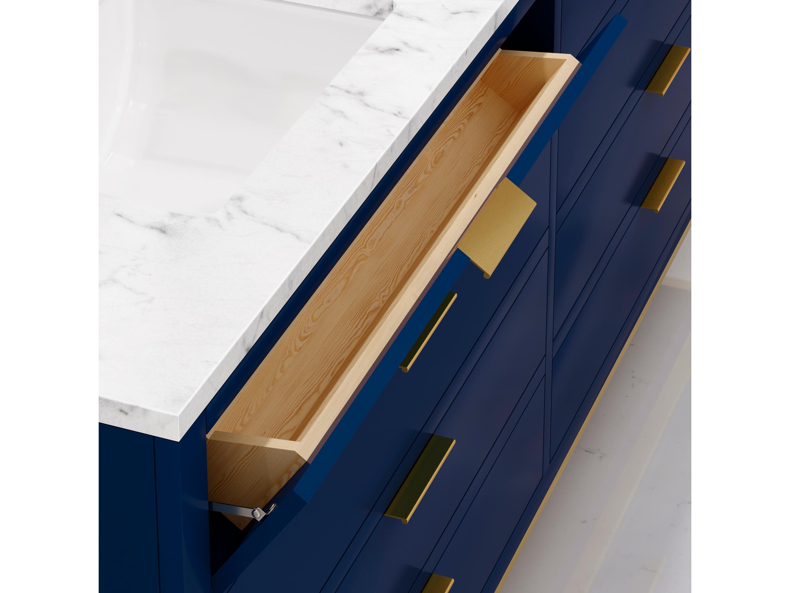 Water Creation Bristol Double Sink Carrara White Marble Countertop Bath Vanity in Monarch Blue with Satin Gold Hook Faucets and Rectangular Mirrors (S)