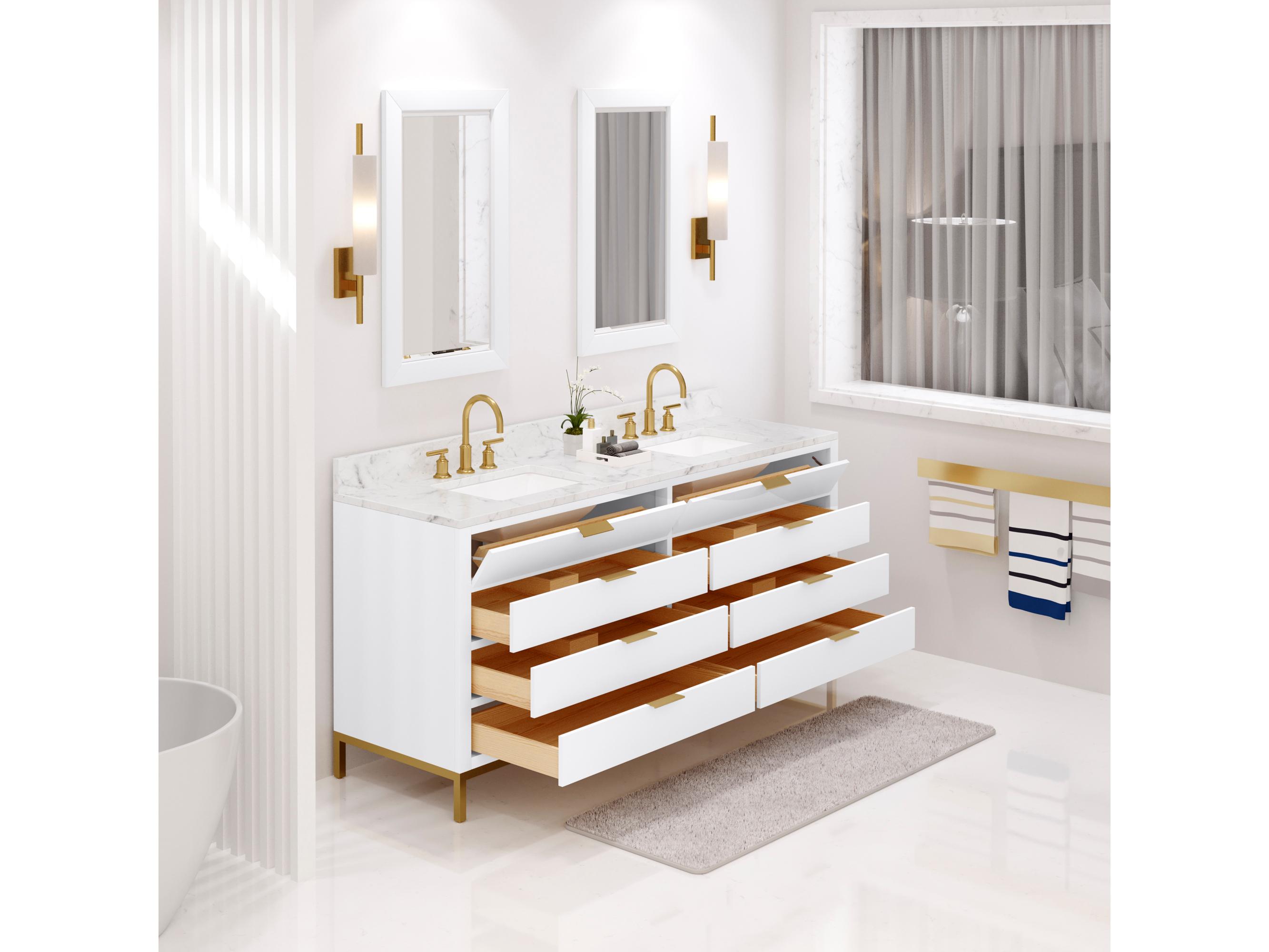 Water Creation Bristol Double Sink Carrara White Marble Countertop Bath Vanity in Pure White