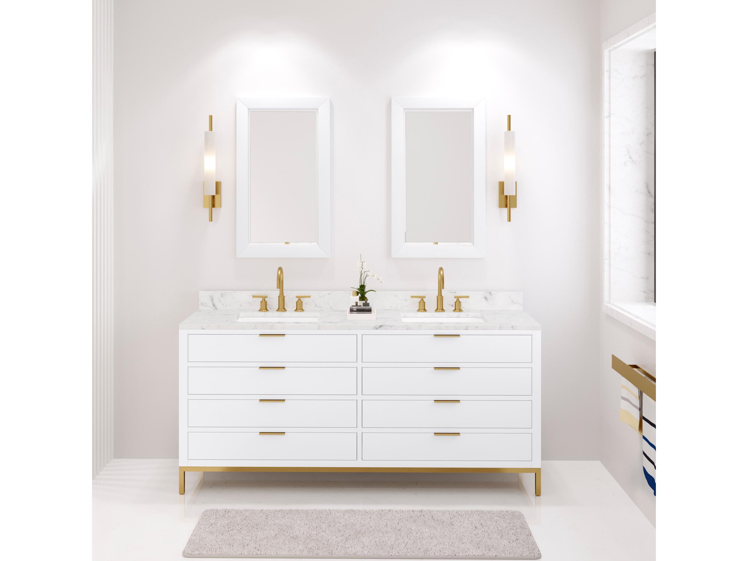 Water Creation Bristol Double Sink Carrara White Marble Countertop Bath Vanity in Pure White with Satin Gold Gooseneck Faucets