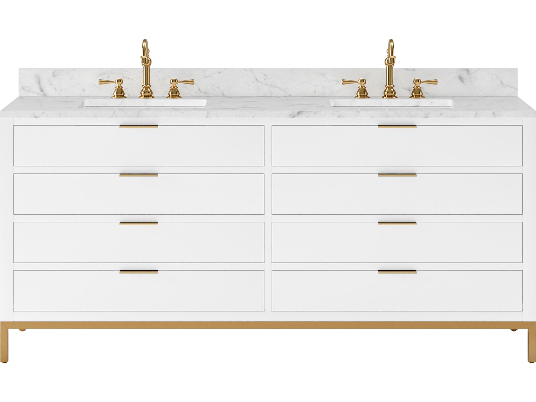 Water Creation Bristol Double Sink Carrara White Marble Countertop Bath Vanity in Pure White with Satin Gold Hook Faucets