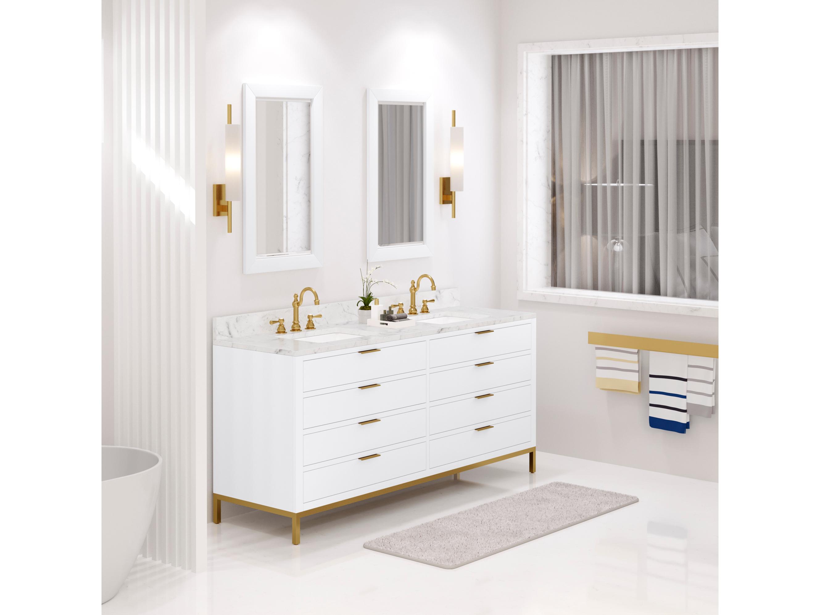 Water Creation Bristol Double Sink Carrara White Marble Countertop Bath Vanity in Pure White with Satin Gold Hook Faucets
