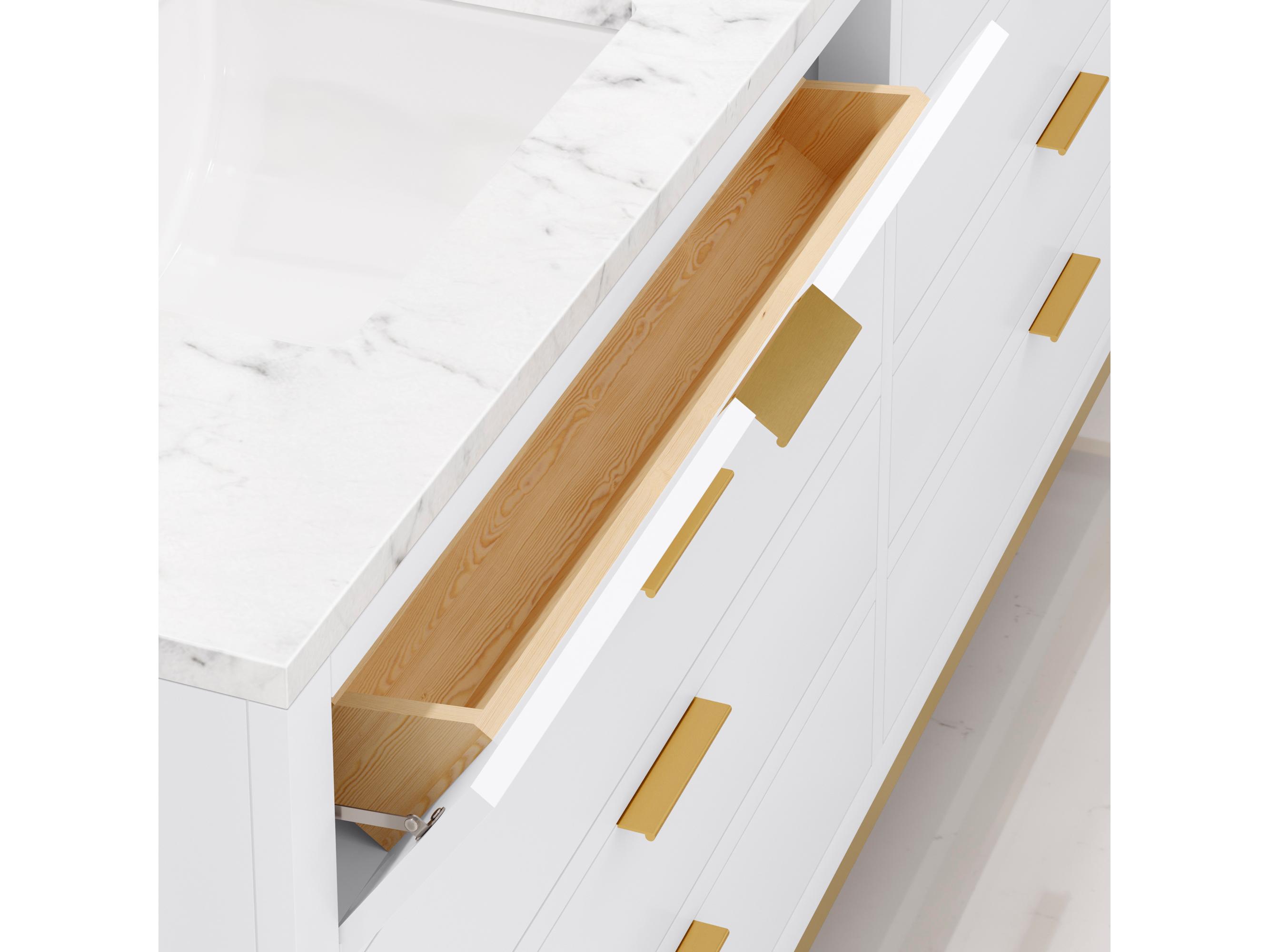 Water Creation Bristol Double Sink Carrara White Marble Countertop Bath Vanity in Pure White with Satin Gold Hook Faucets