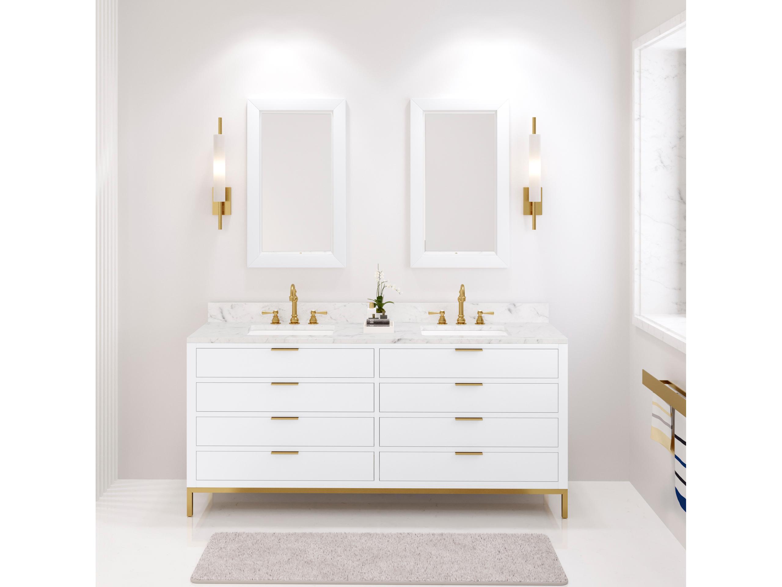 Water Creation Bristol Double Sink Carrara White Marble Countertop Bath Vanity in Pure White with Rectangular Mirrors (S)