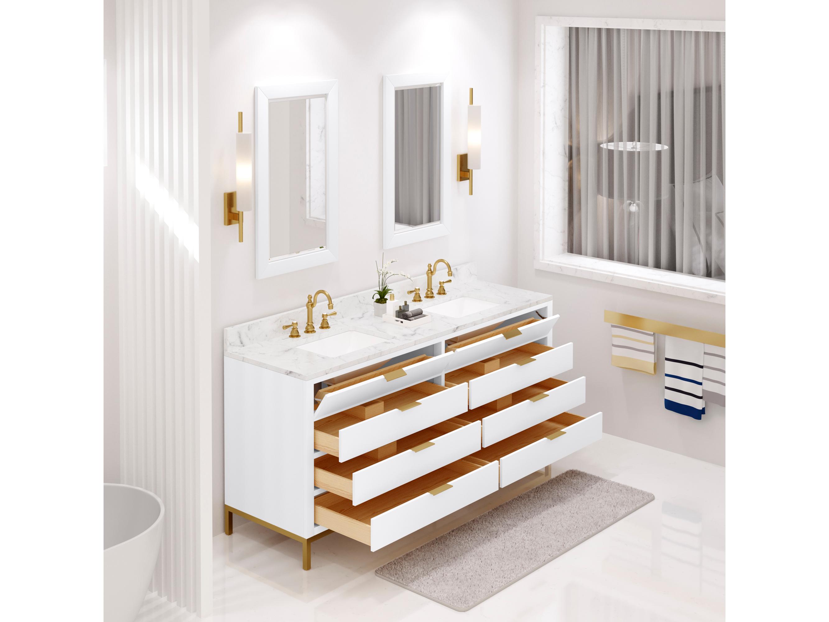 Water Creation Bristol Double Sink Carrara White Marble Countertop Bath Vanity in Pure White with Rectangular Mirrors (S)