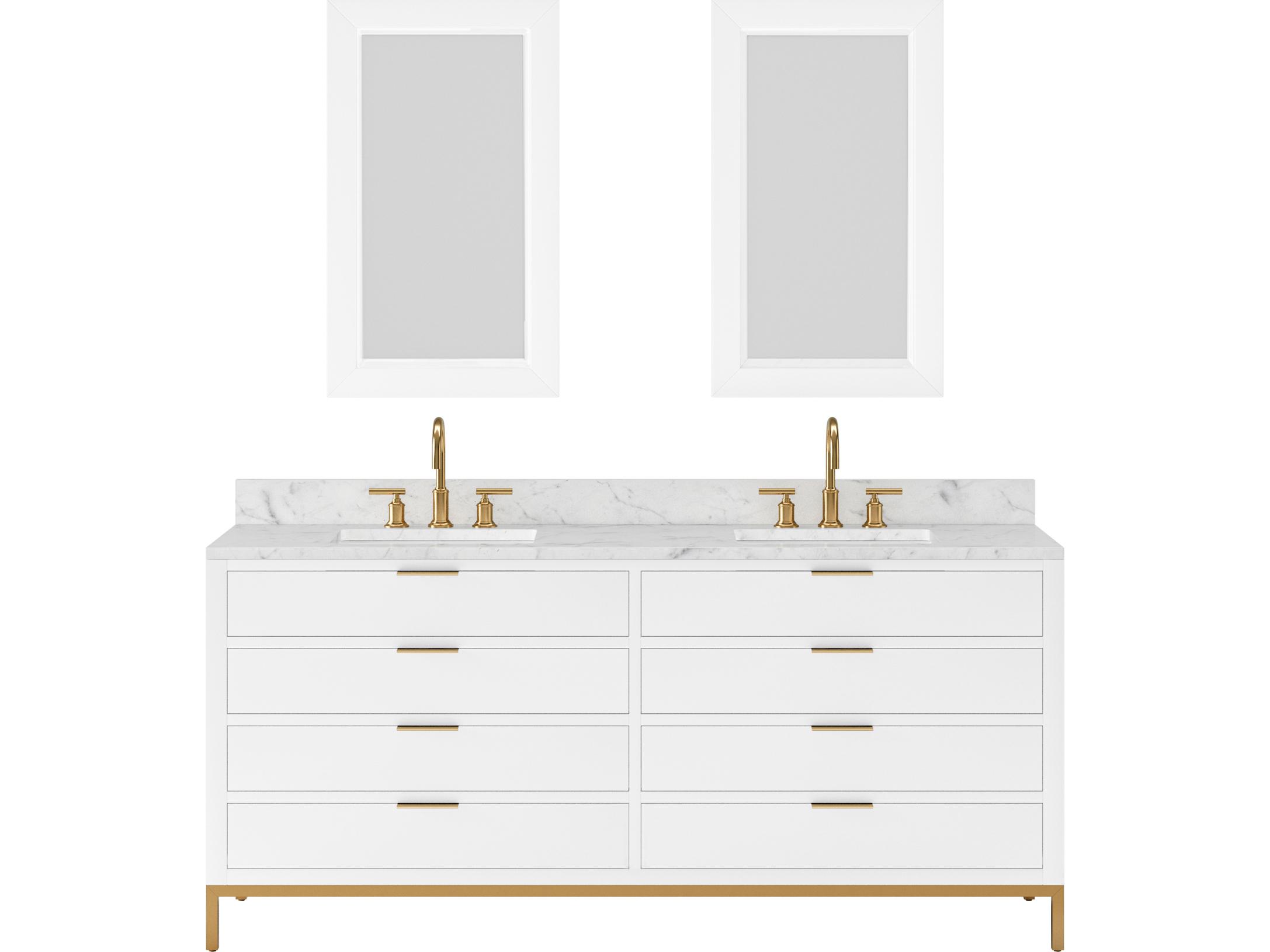 Water Creation Bristol  Double Sink Carrara White Marble Countertop Bath Vanity in Pure White with Satin Gold Gooseneck Faucets and Rectangular Mirrors (S)