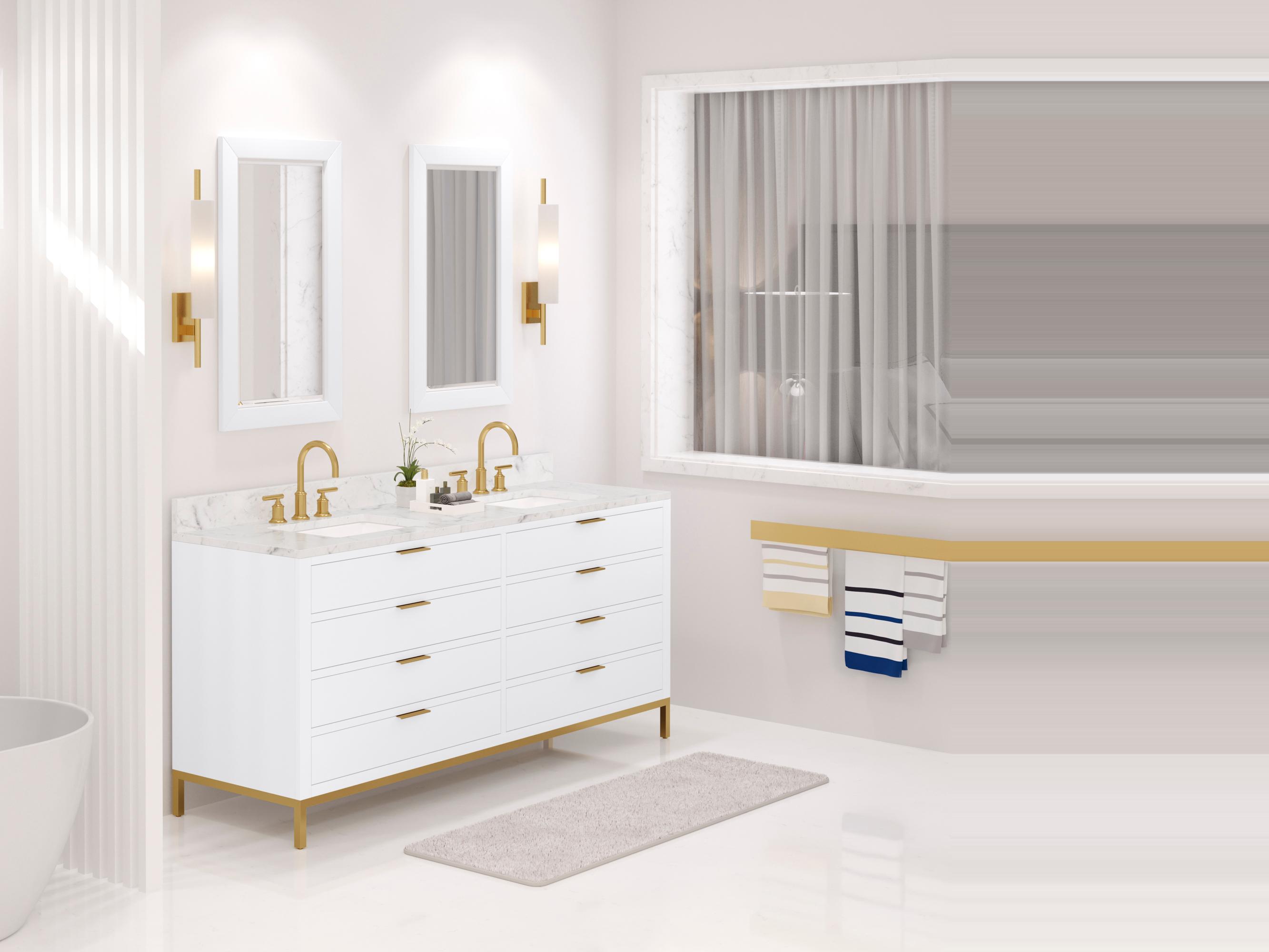 Water Creation Bristol  Double Sink Carrara White Marble Countertop Bath Vanity in Pure White with Satin Gold Gooseneck Faucets and Rectangular Mirrors (S)