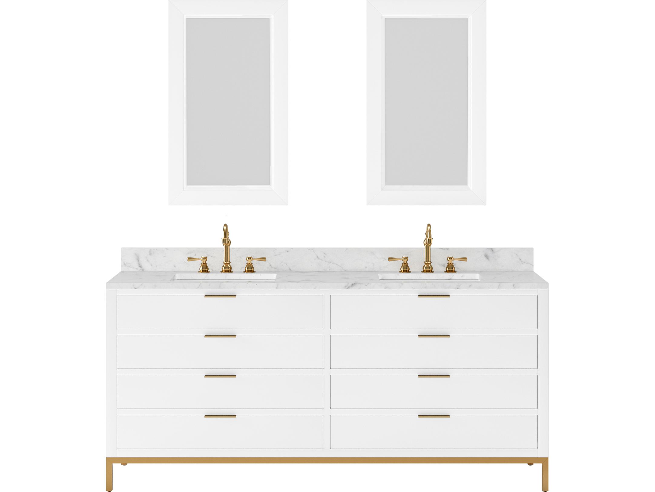Water Creation Bristol Double Sink Carrara White Marble Countertop Bath Vanity in Pure White with Satin Gold Hook Faucets and Rectangular Mirrors (S)