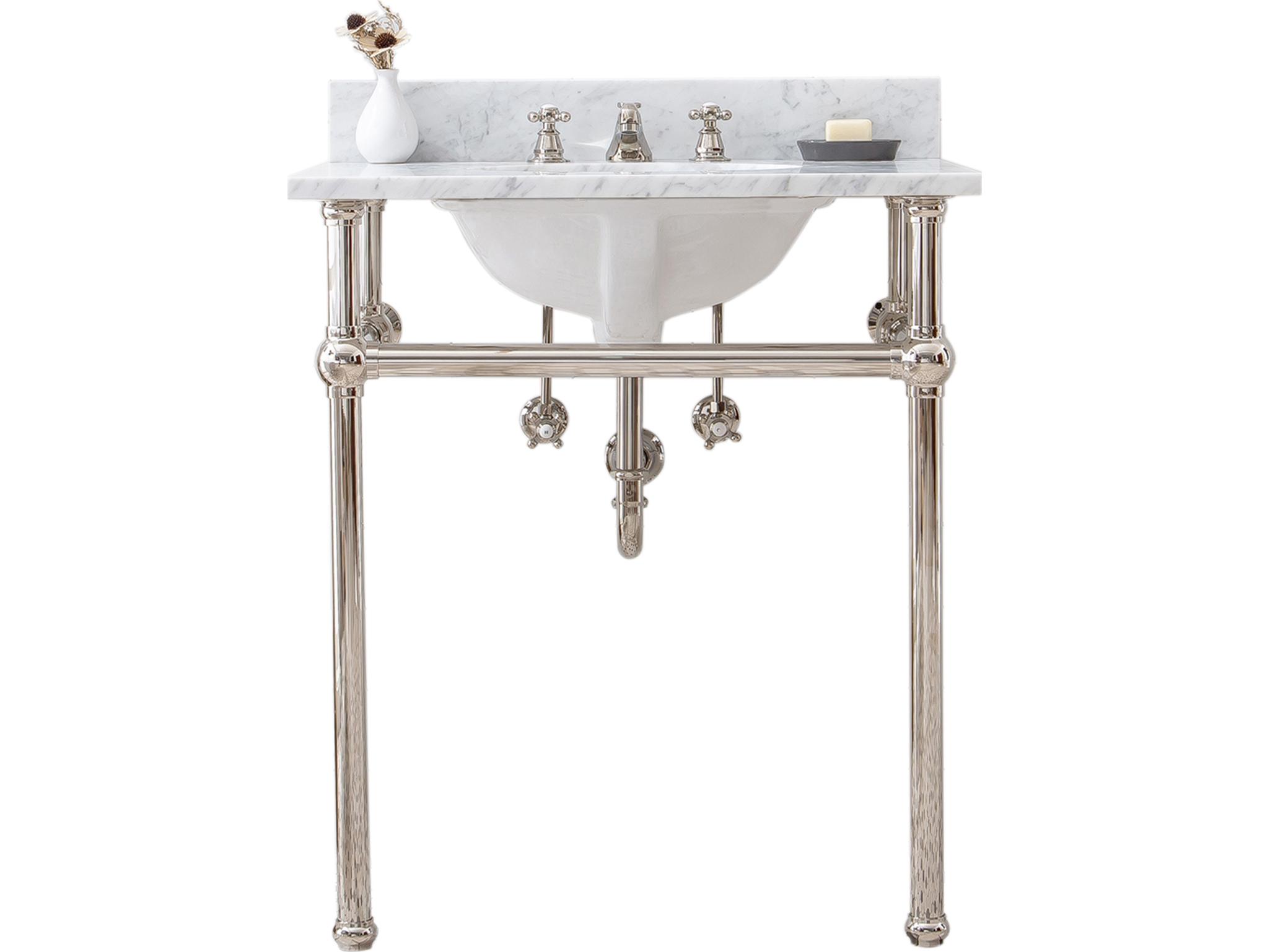 Water Creation Embassy Single Wash Stand, P-Trap, and Carrara White Marble Countertop with Oval Basin in Polished Nickel (PVD) Finish