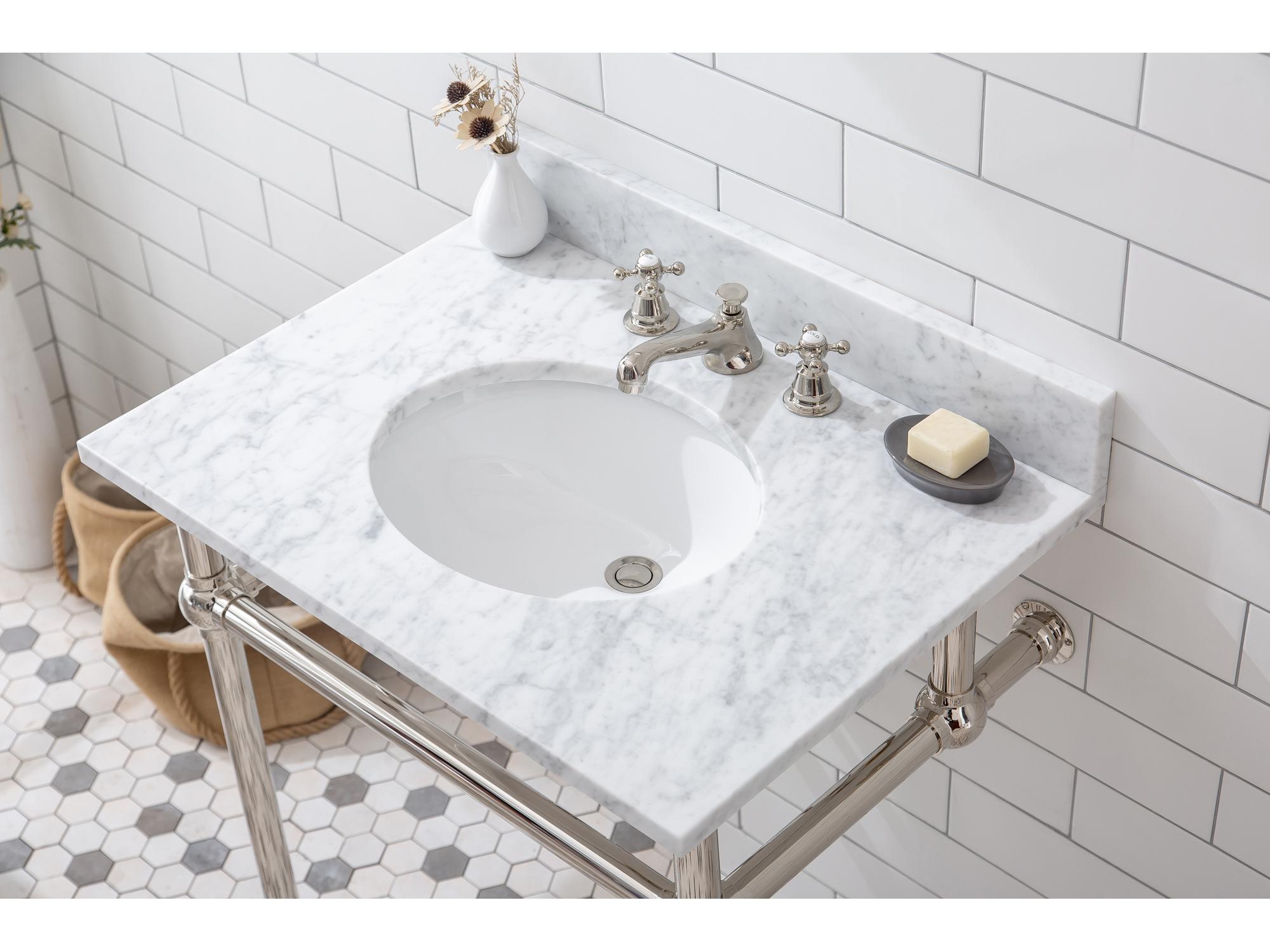 Water Creation Embassy Single Wash Stand, P-Trap, and Carrara White Marble Countertop with Oval Basin in Polished Nickel (PVD) Finish