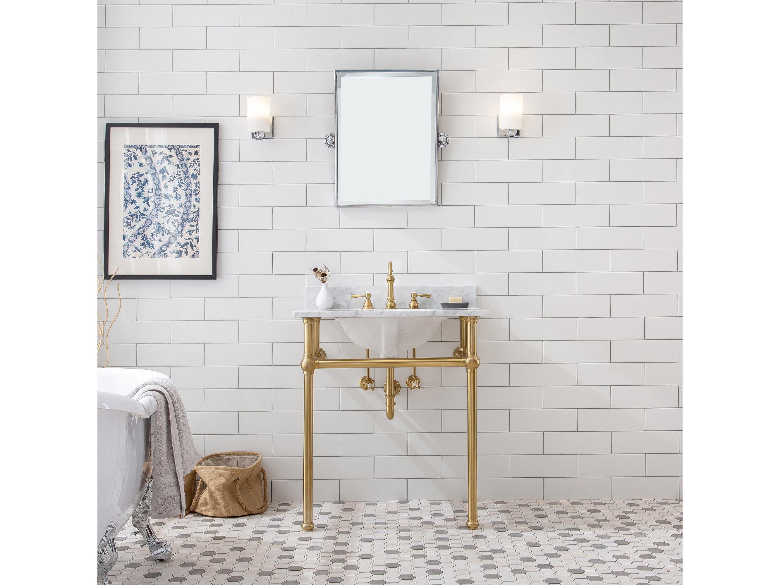 Water Creation Embassy Single Wash Stand, P-Trap, and Carrara White Marble Countertop with Oval Basin in Satin Gold Finish