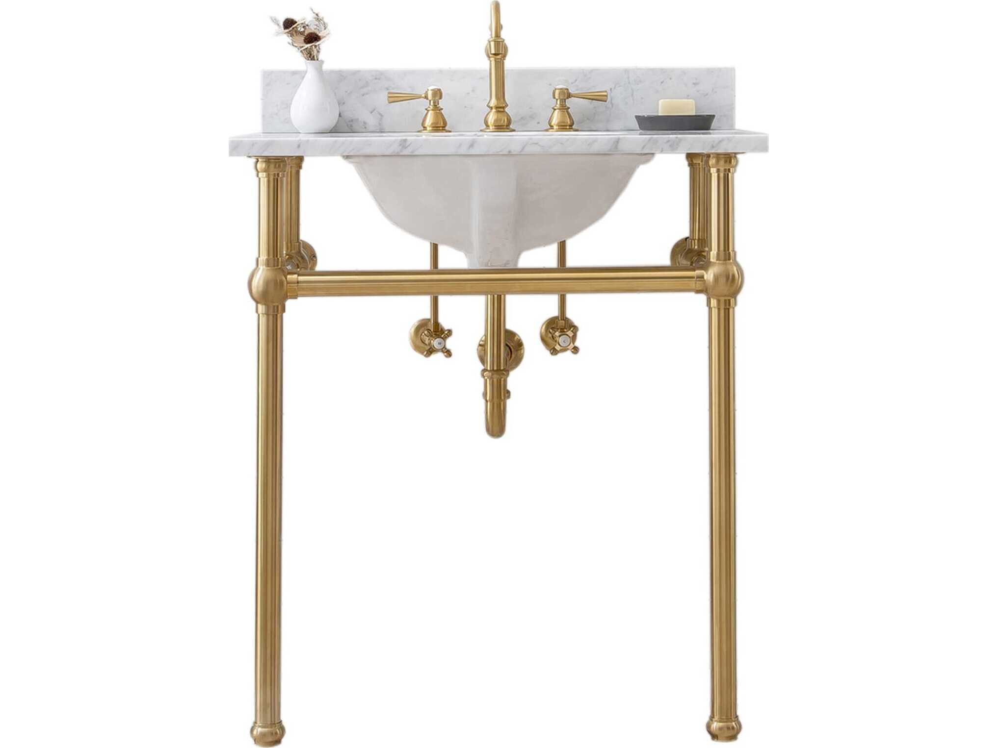 Water Creation Embassy Single Wash Stand, P-Trap, and Carrara White Marble Countertop with Oval Basin in Satin Gold Finish
