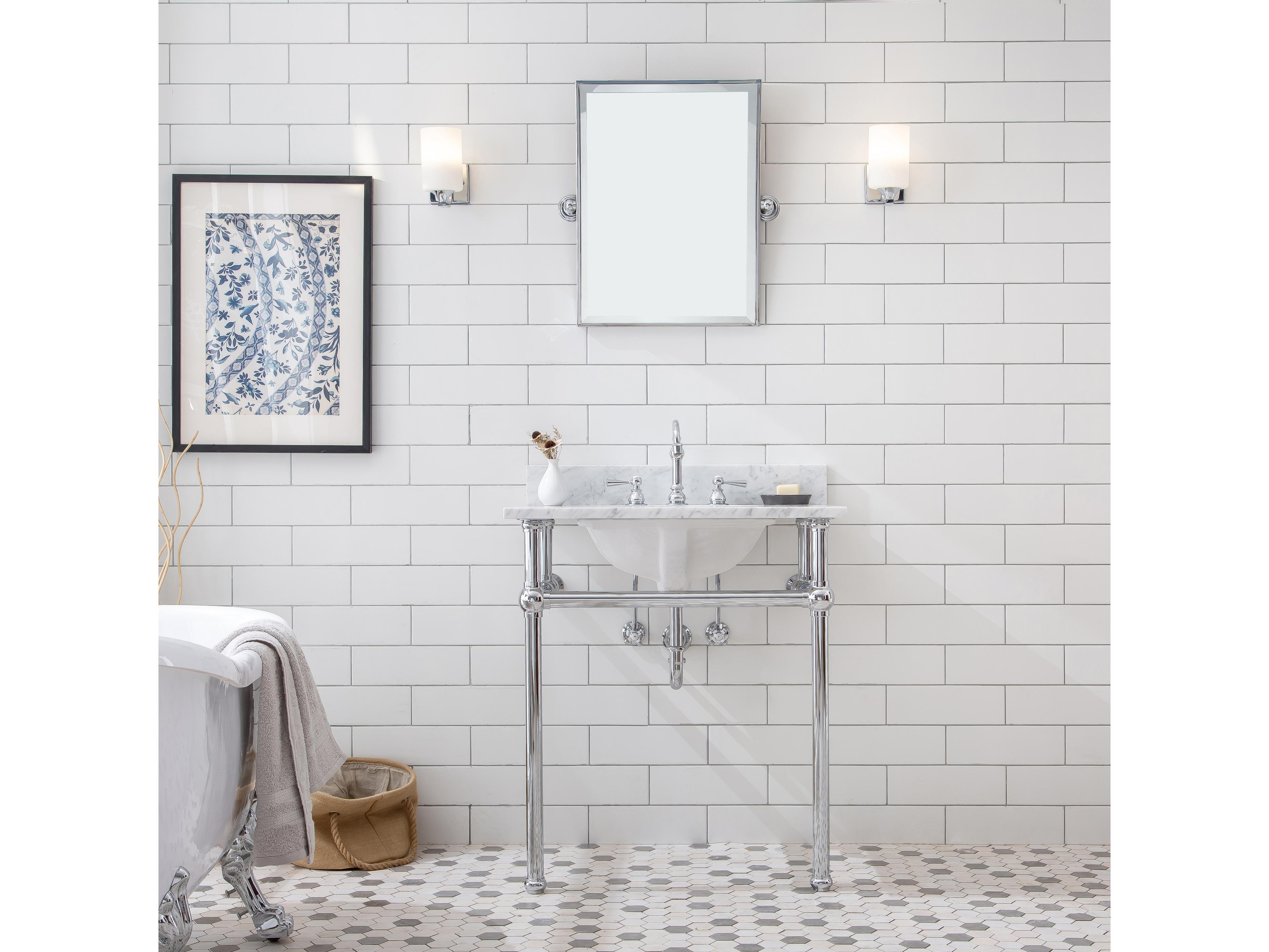 Water Creation Embassy Single Wash Stand, P-Trap, Carrara White Marble Countertop with Oval Basin, and Hook Faucet in Chrome Finish