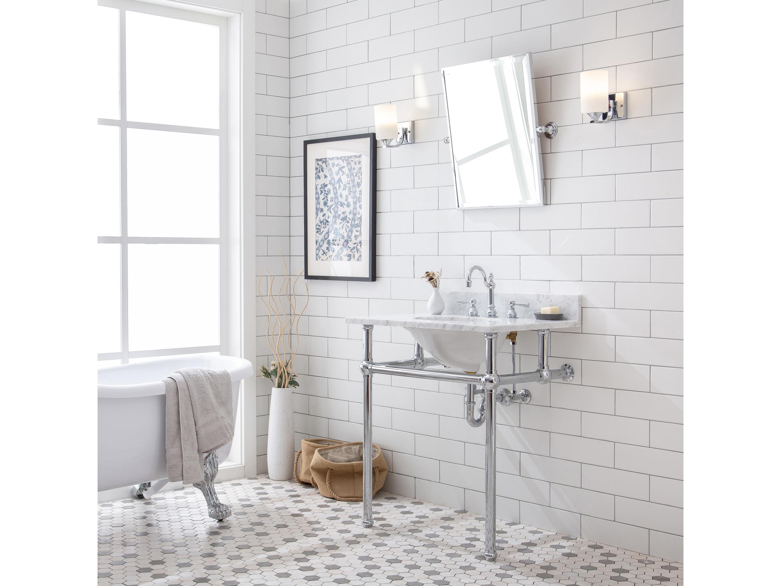Water Creation Embassy Single Wash Stand, P-Trap, Carrara White Marble Countertop with Oval Basin, and Hook Faucet in Chrome Finish