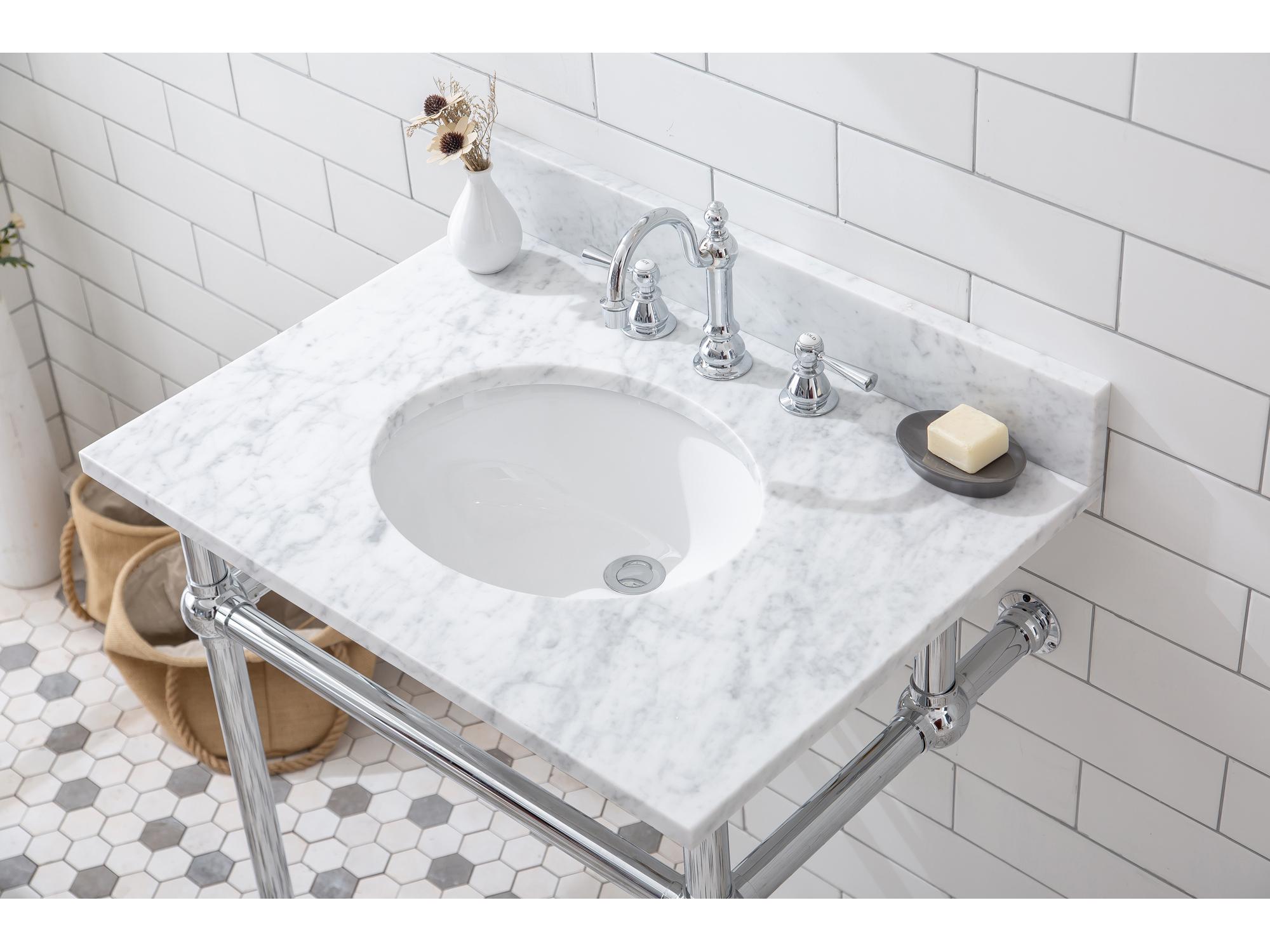 Water Creation Embassy Single Wash Stand, P-Trap, Carrara White Marble Countertop with Oval Basin, and Hook Faucet in Chrome Finish