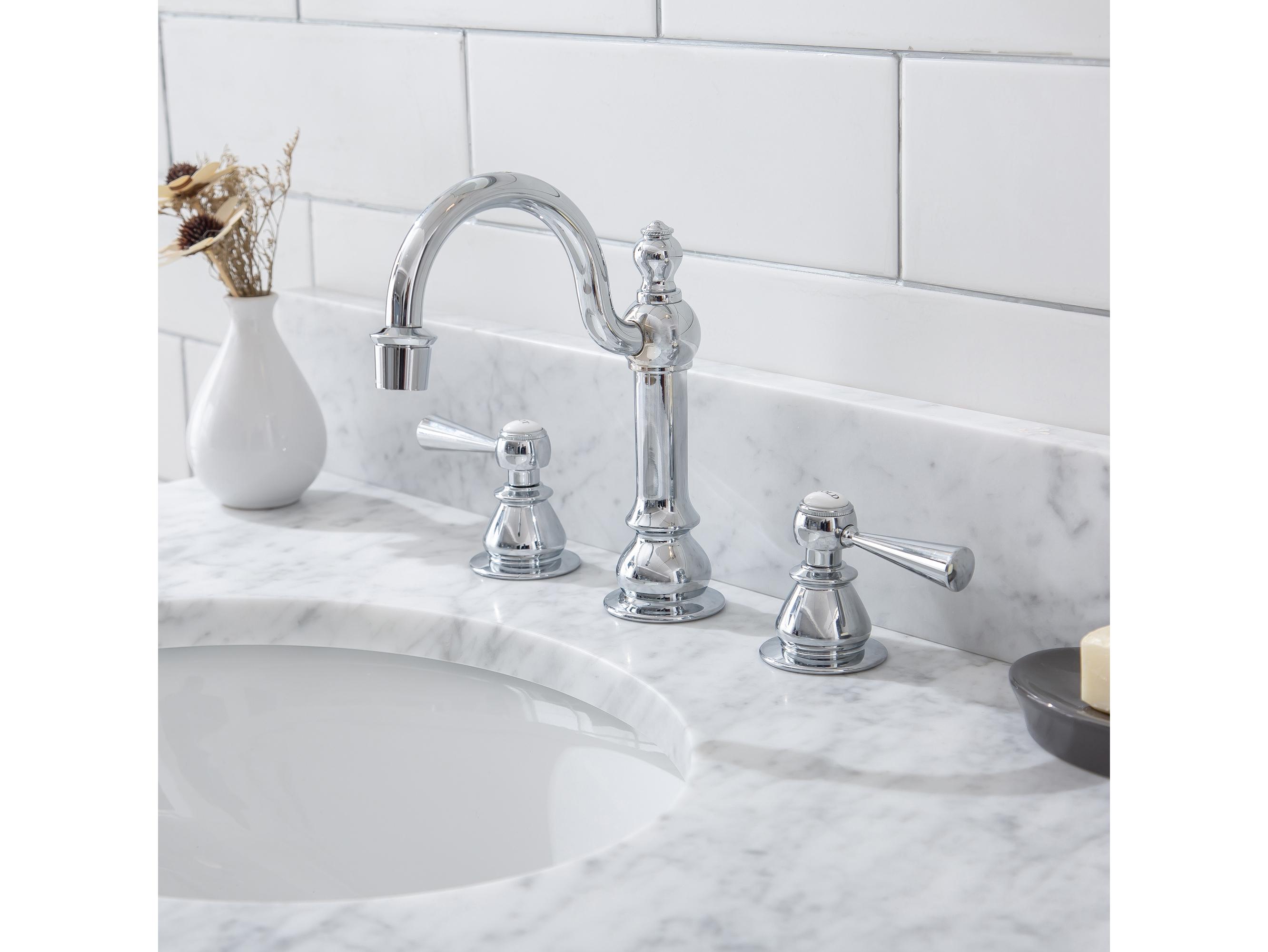 Water Creation Embassy Single Wash Stand, P-Trap, Carrara White Marble Countertop with Oval Basin, and Hook Faucet in Chrome Finish