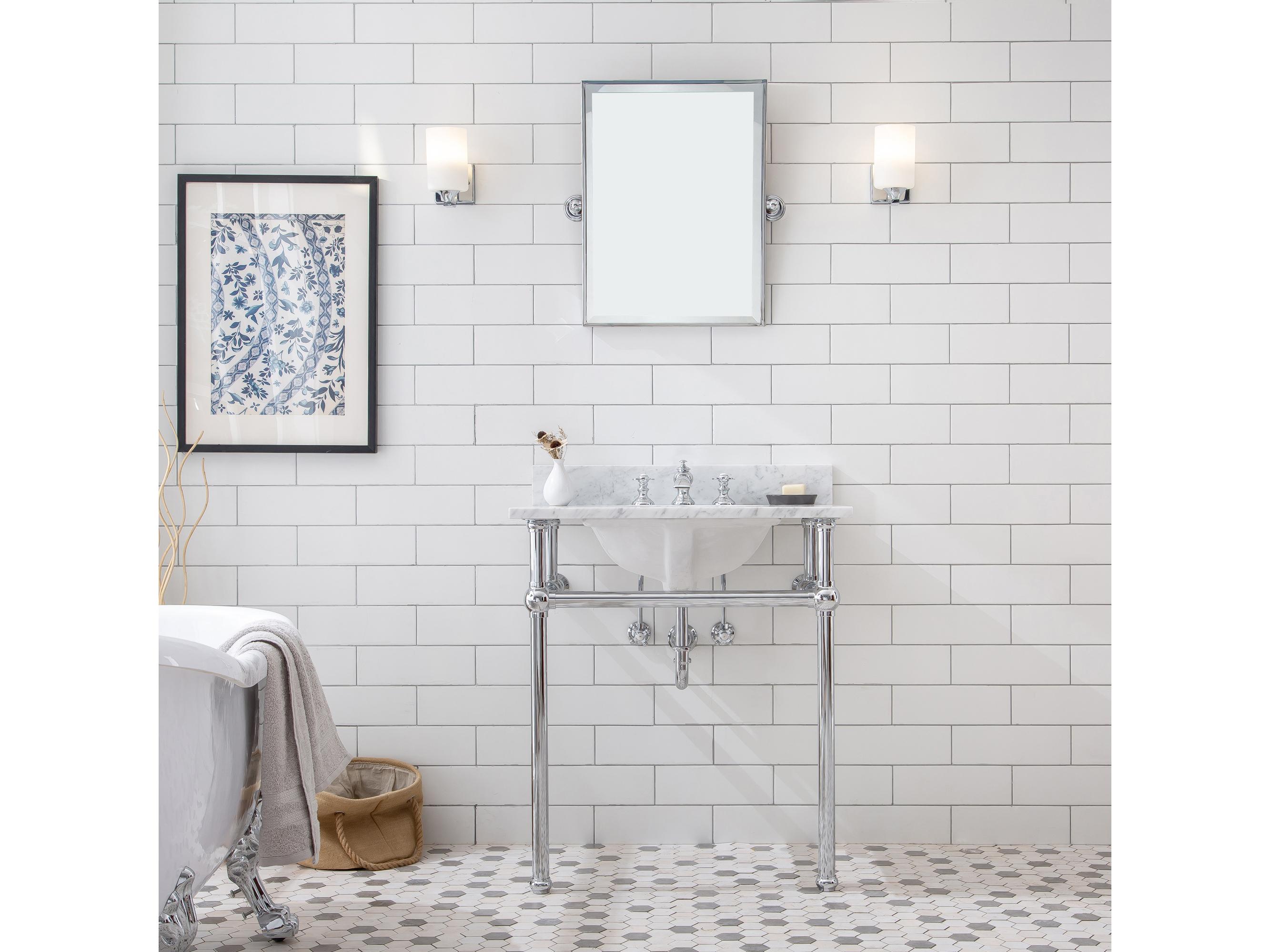 Water Creation Embassy Single Wash Stand, P-Trap, Carrara White Marble Countertop with Oval Basin, and Waterfall Faucet in Chrome Finish