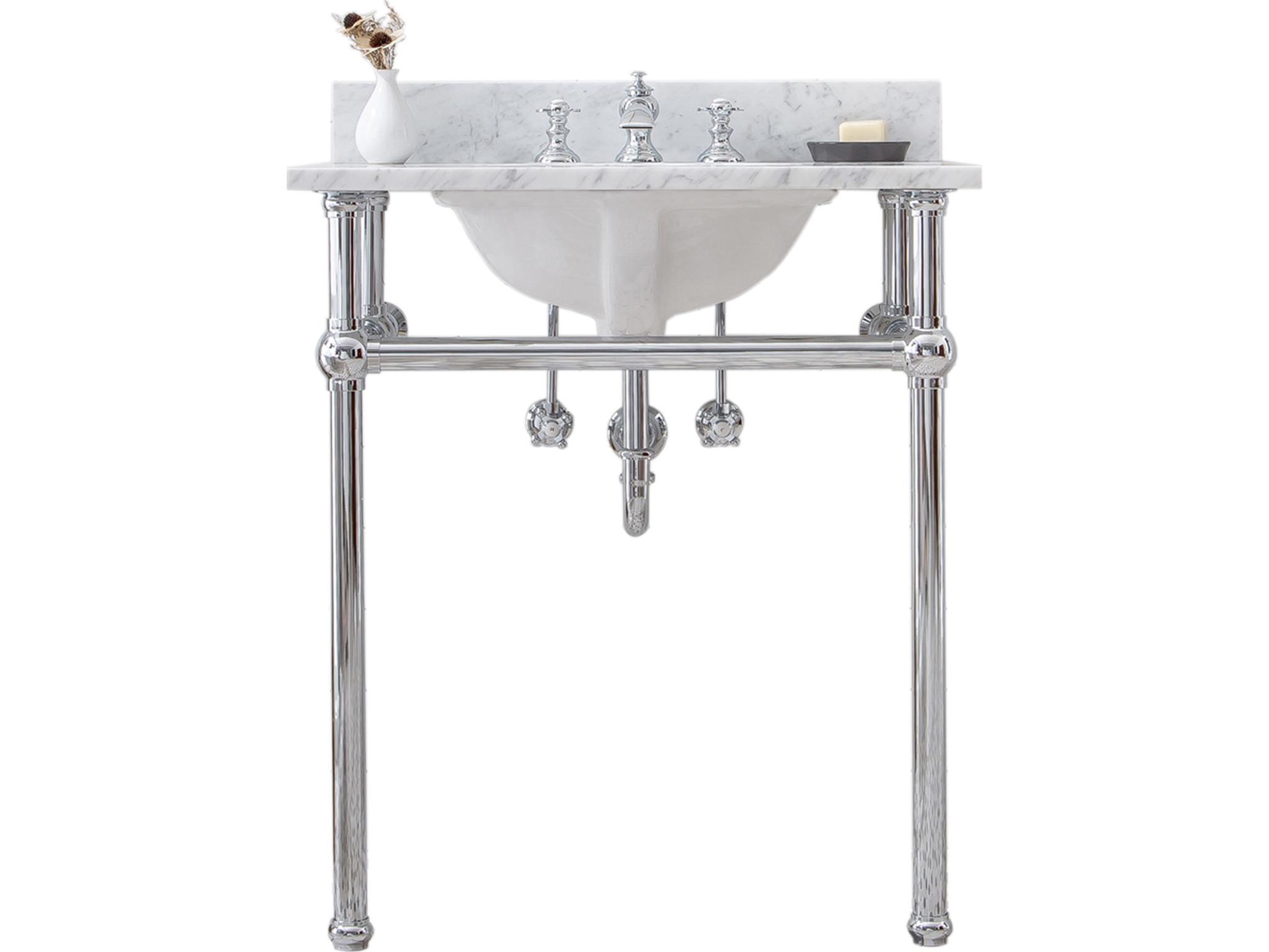 Water Creation Embassy Single Wash Stand, P-Trap, Carrara White Marble Countertop with Oval Basin, and Waterfall Faucet in Chrome Finish