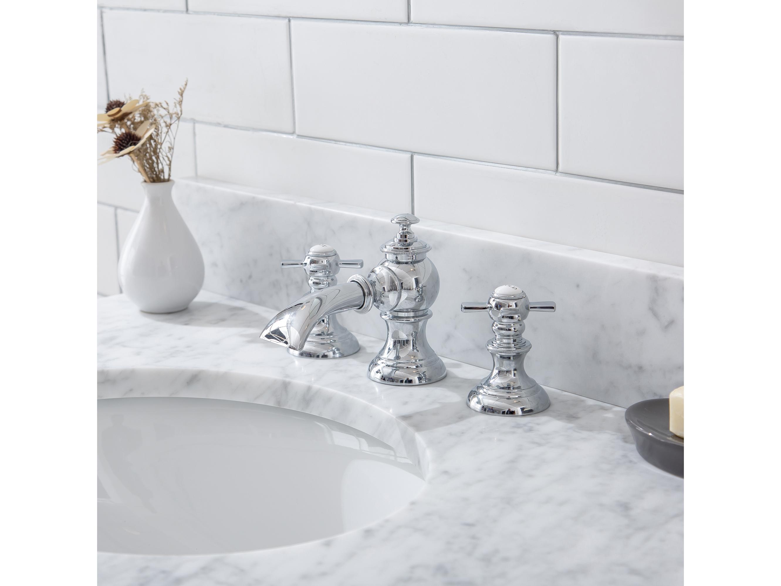 Water Creation Embassy Single Wash Stand, P-Trap, Carrara White Marble Countertop with Oval Basin, and Waterfall Faucet in Chrome Finish