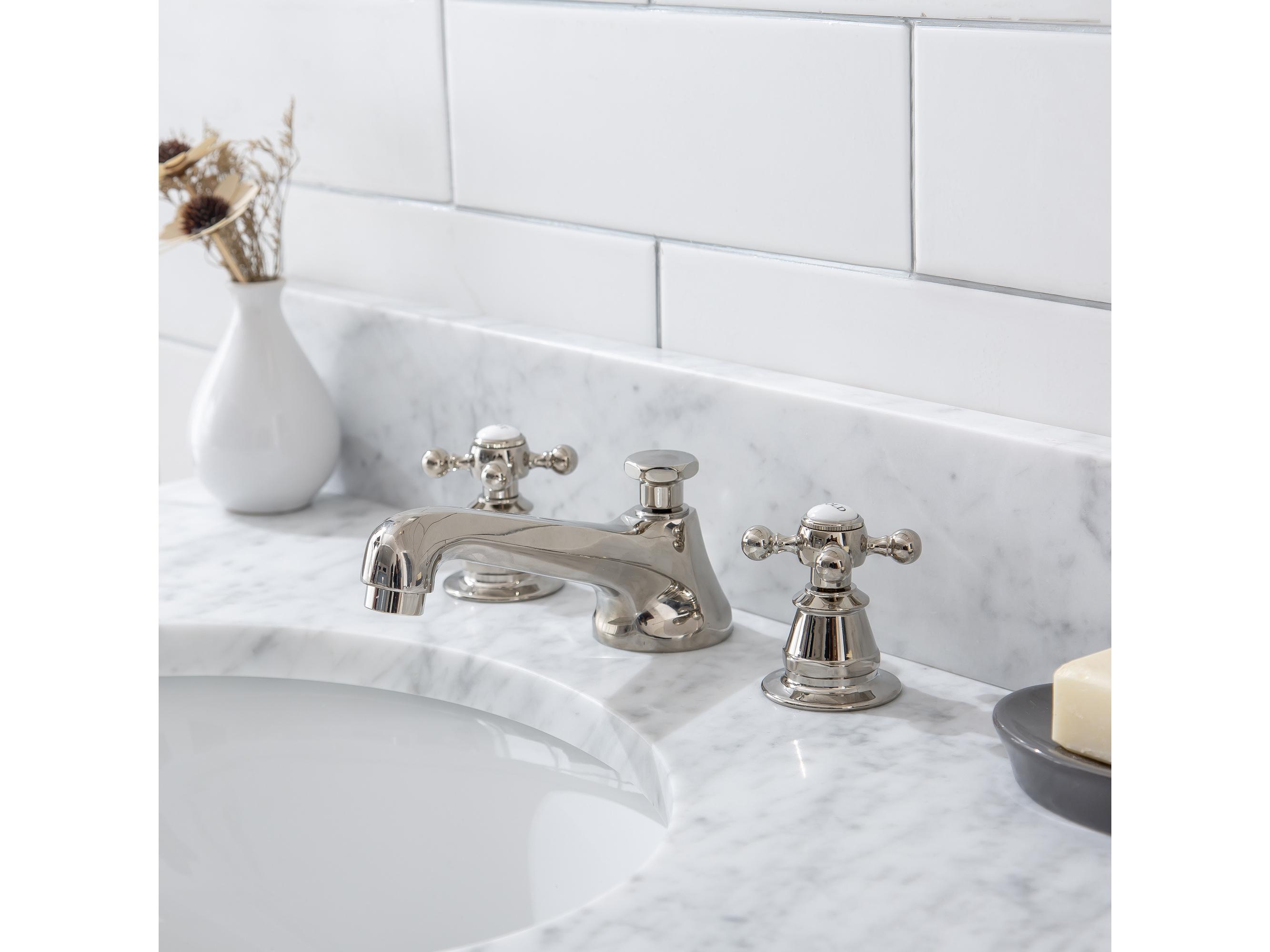 Water Creation Embassy Single Wash Stand, P-Trap, Carrara White Marble Countertop with Oval Basin, and Classic Faucet in Polished Nickel (PVD) Finish