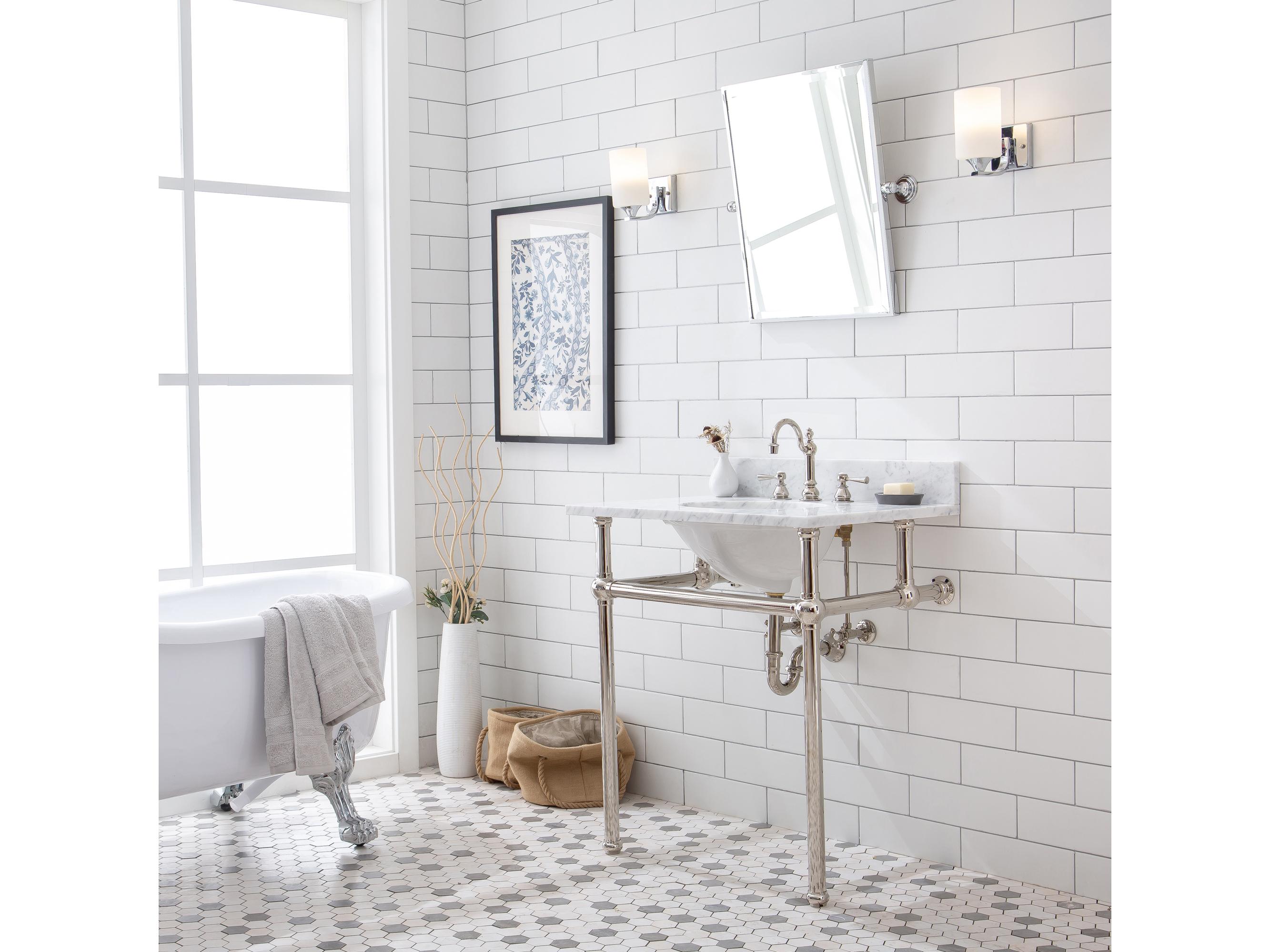 Water Creation Embassy Single Wash Stand, P-Trap, Carrara White Marble Countertop with Oval Basin, and Hook Faucet in Polished Nickel (PVD) Finish