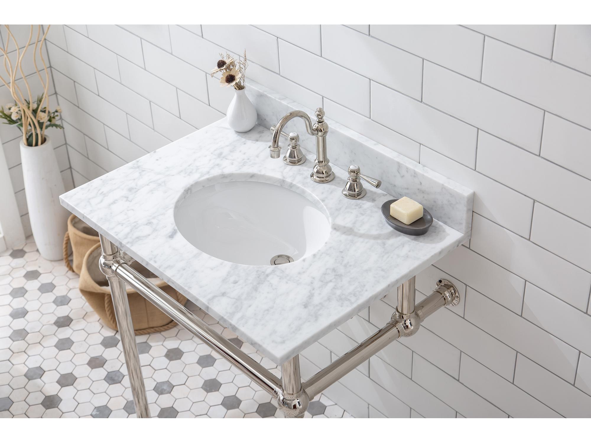 Water Creation Embassy Single Wash Stand, P-Trap, Carrara White Marble Countertop with Oval Basin, and Hook Faucet in Polished Nickel (PVD) Finish