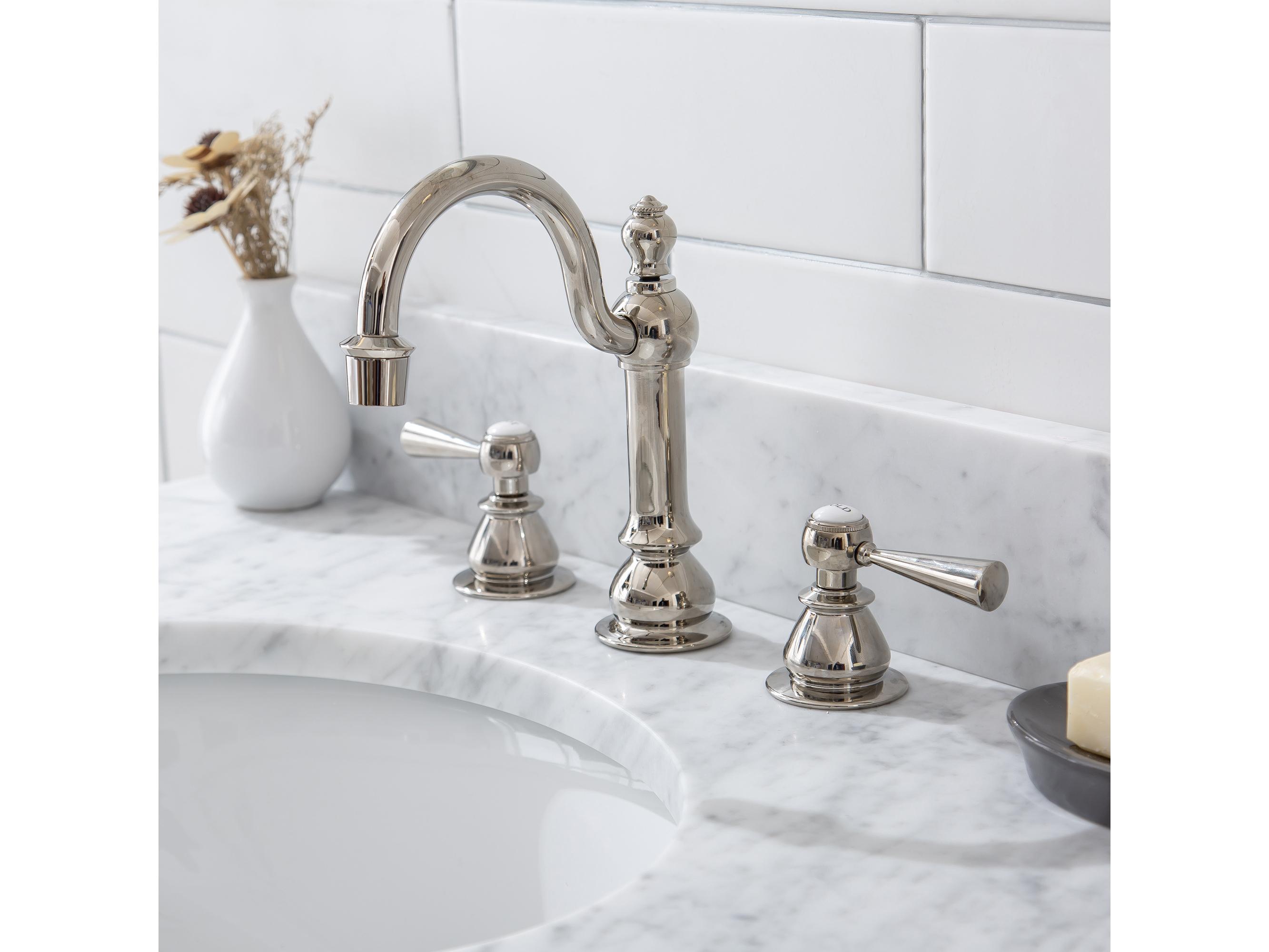Water Creation Embassy Single Wash Stand, P-Trap, Carrara White Marble Countertop with Oval Basin, and Hook Faucet in Polished Nickel (PVD) Finish