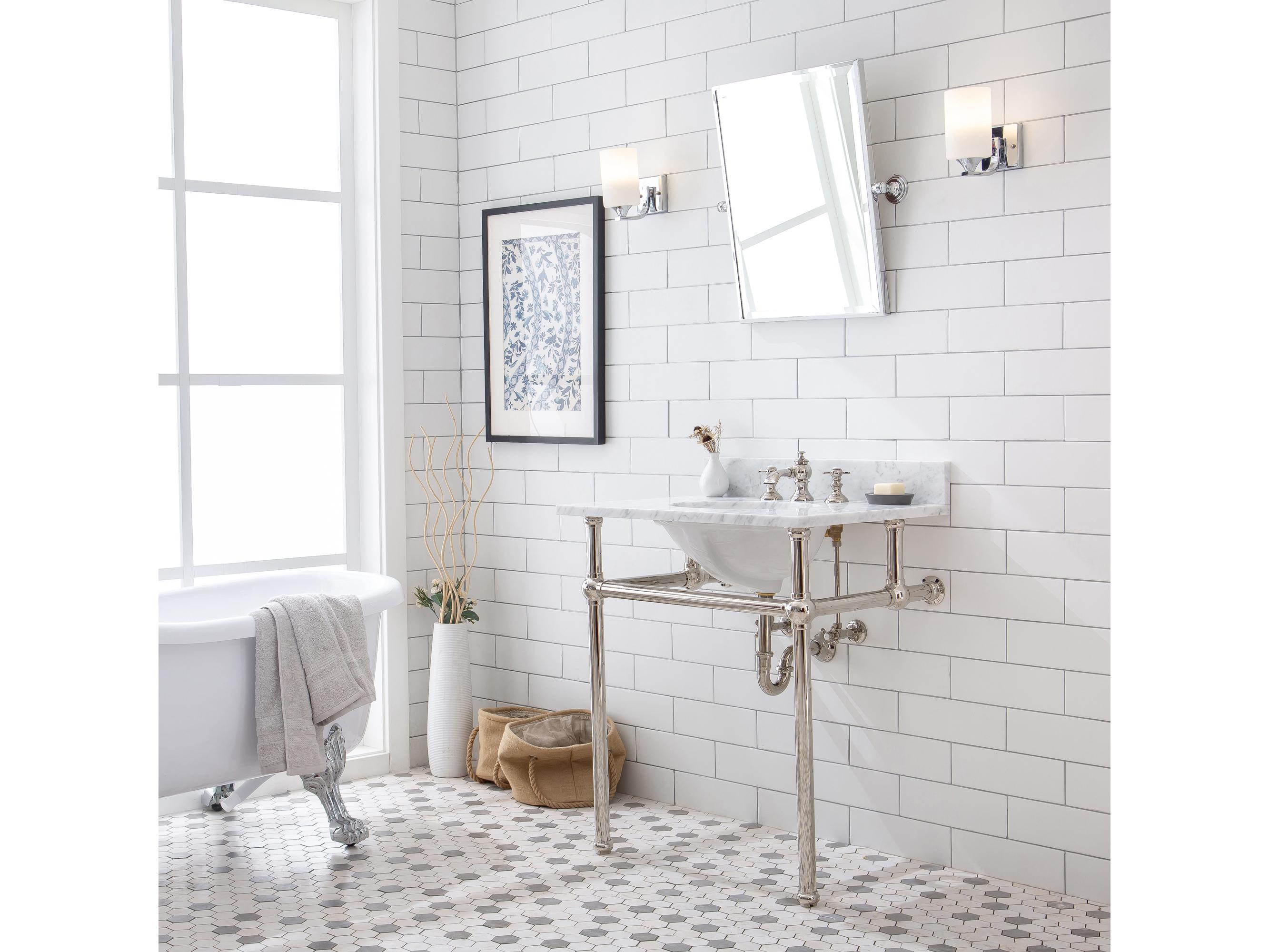 Water Creation Embassy Single Wash Stand, P-Trap, Carrara White Marble Countertop with Oval Basin, and Waterfall Faucet in Polished Nickel (PVD) Finish