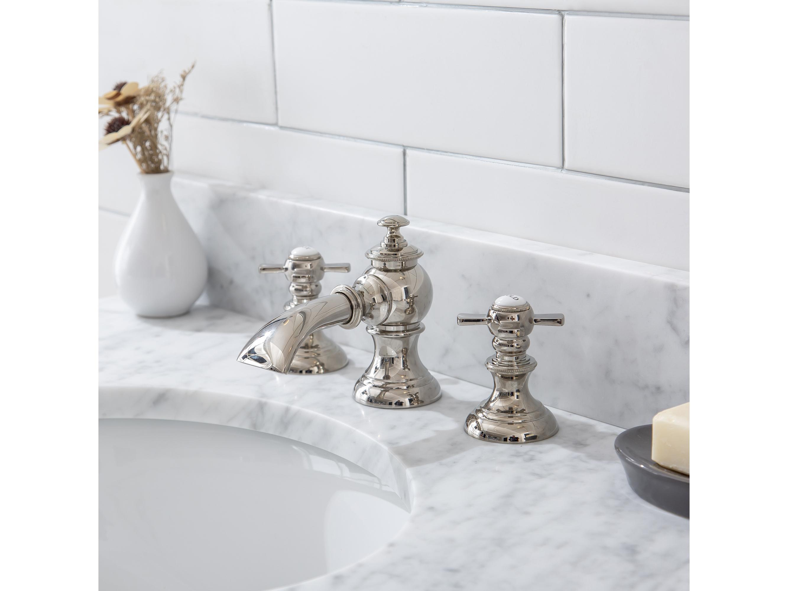 Water Creation Embassy Single Wash Stand, P-Trap, Carrara White Marble Countertop with Oval Basin, and Waterfall Faucet in Polished Nickel (PVD) Finish