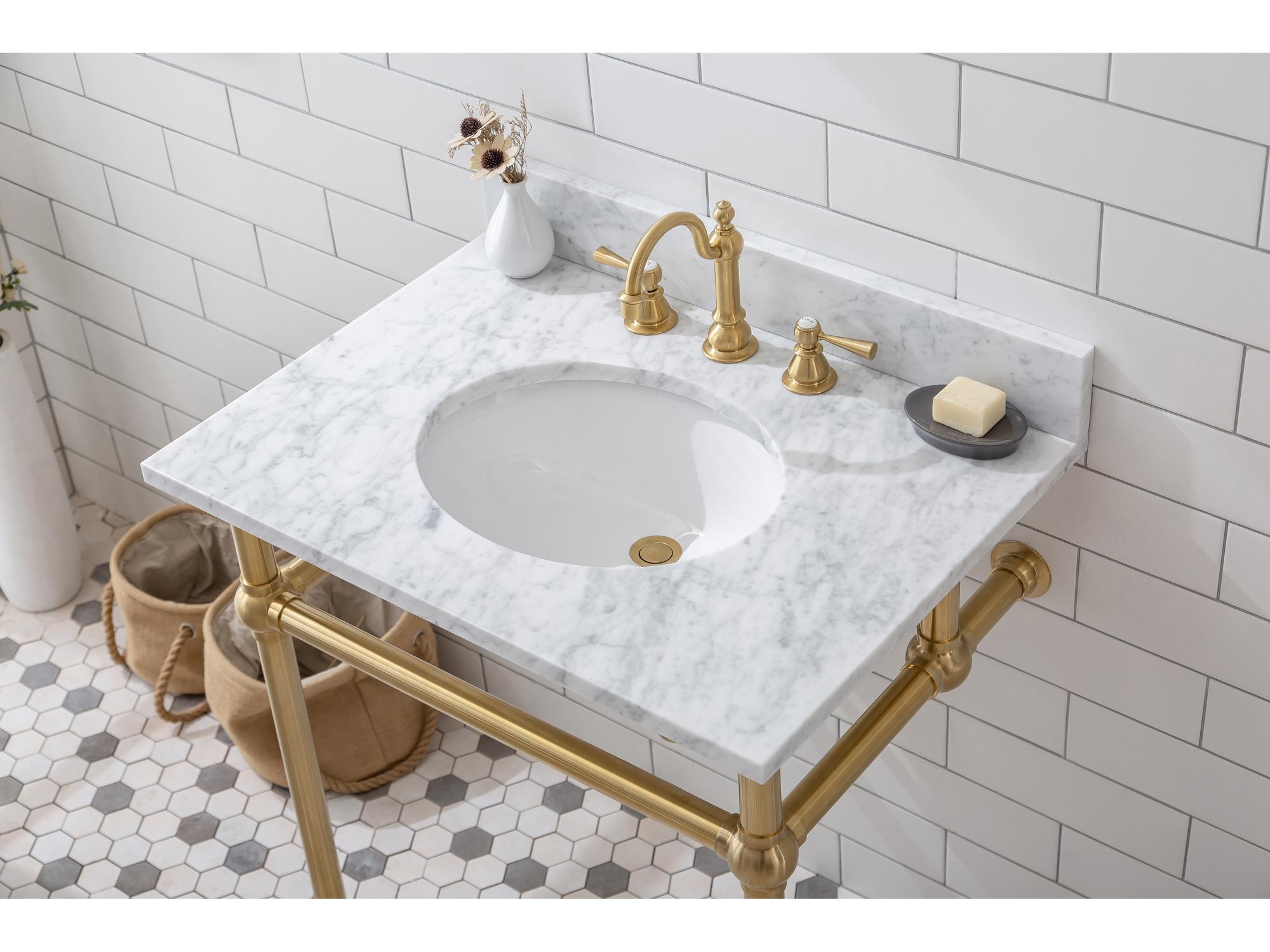 Water Creation Embassy Single Wash Stand, P-Trap, Carrara White Marble Countertop with Oval Basin, and Hook Faucet in Satin Gold Finish